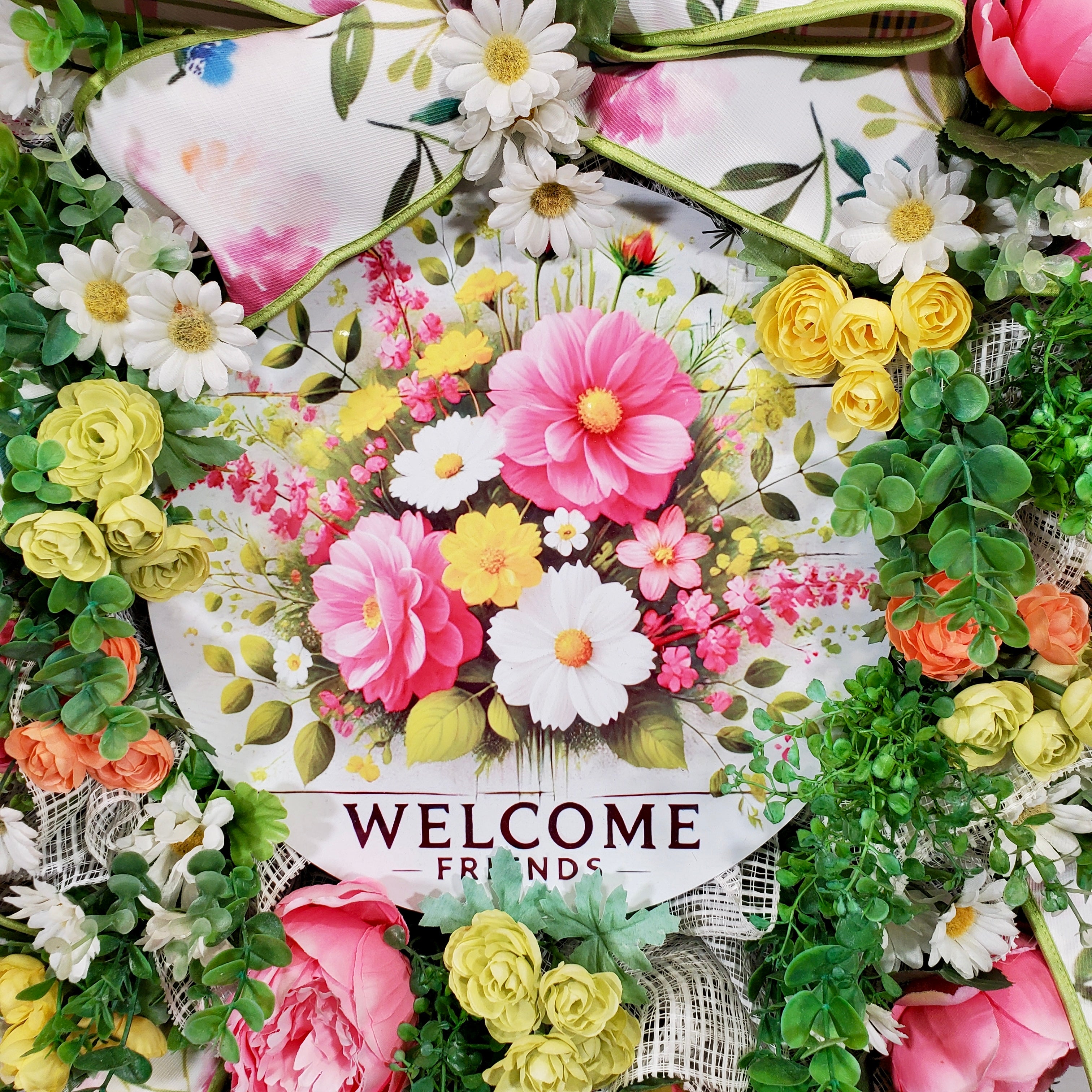Floral Welcome Wreath with Pink Peonies, Spring Greenery & Colorful Garden Blooms