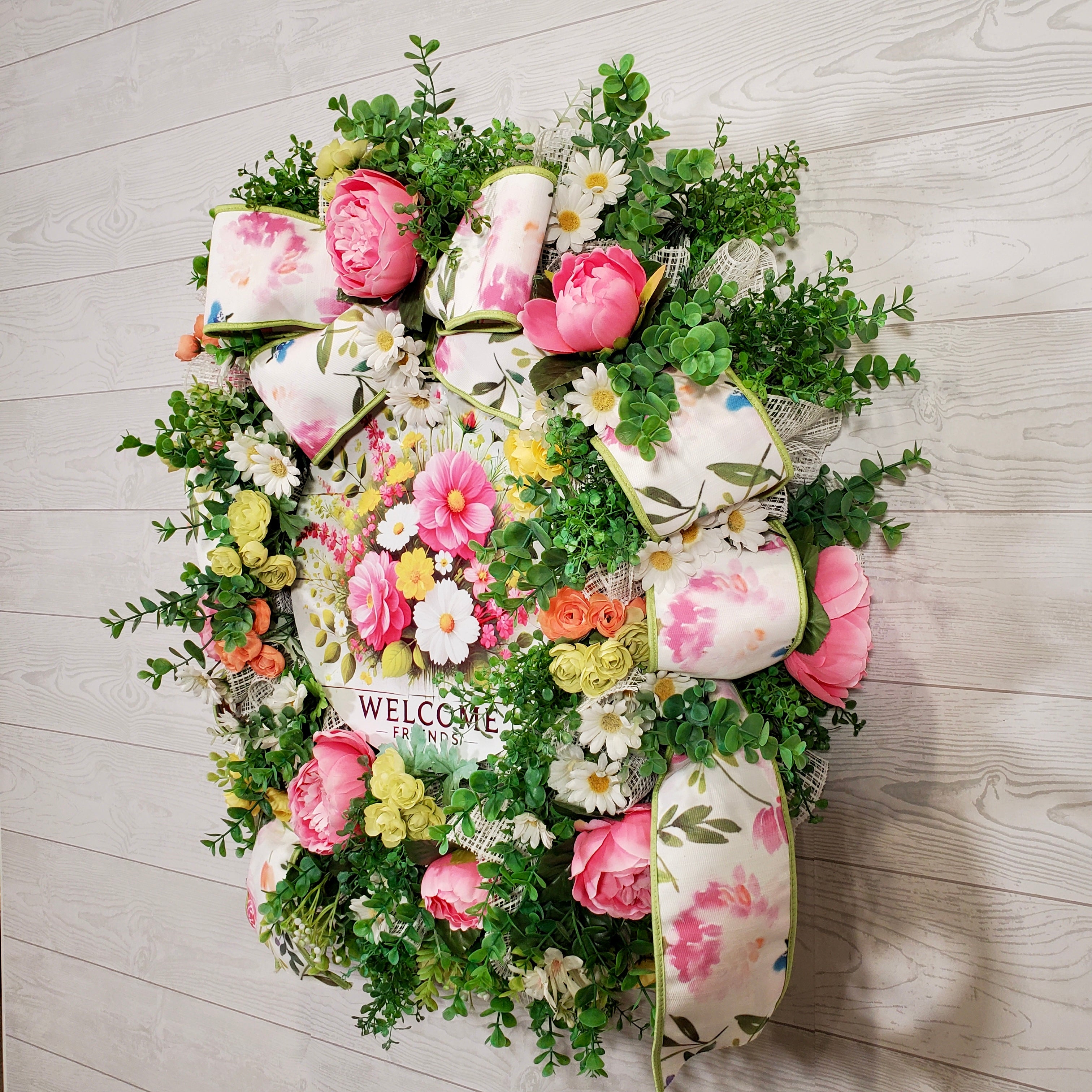 Floral Welcome Wreath with Pink Peonies, Spring Greenery & Colorful Garden Blooms