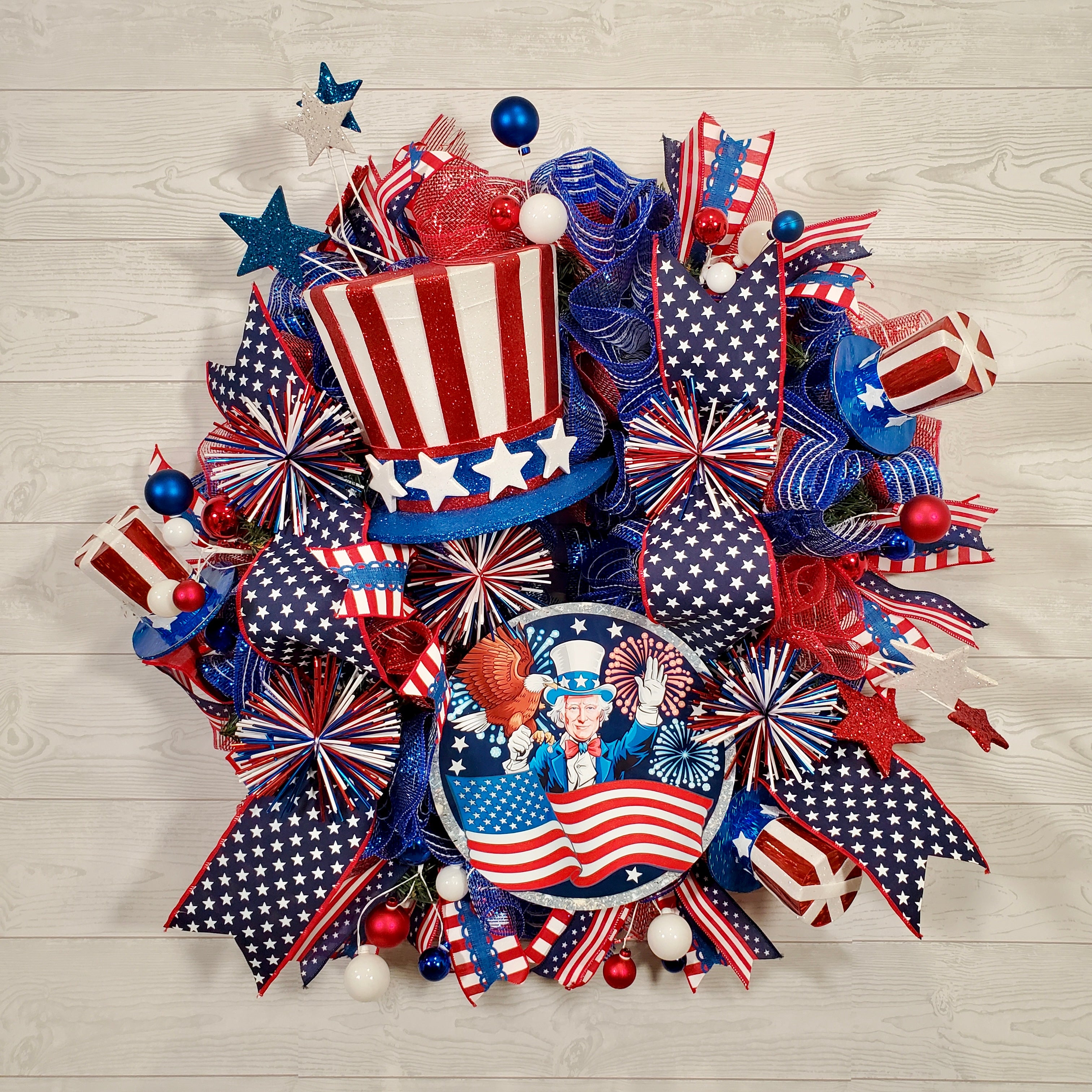 Patriotic Uncle Sam Wreath with Stars, Stripes, Fireworks Ribbons & Red White Blue Décor