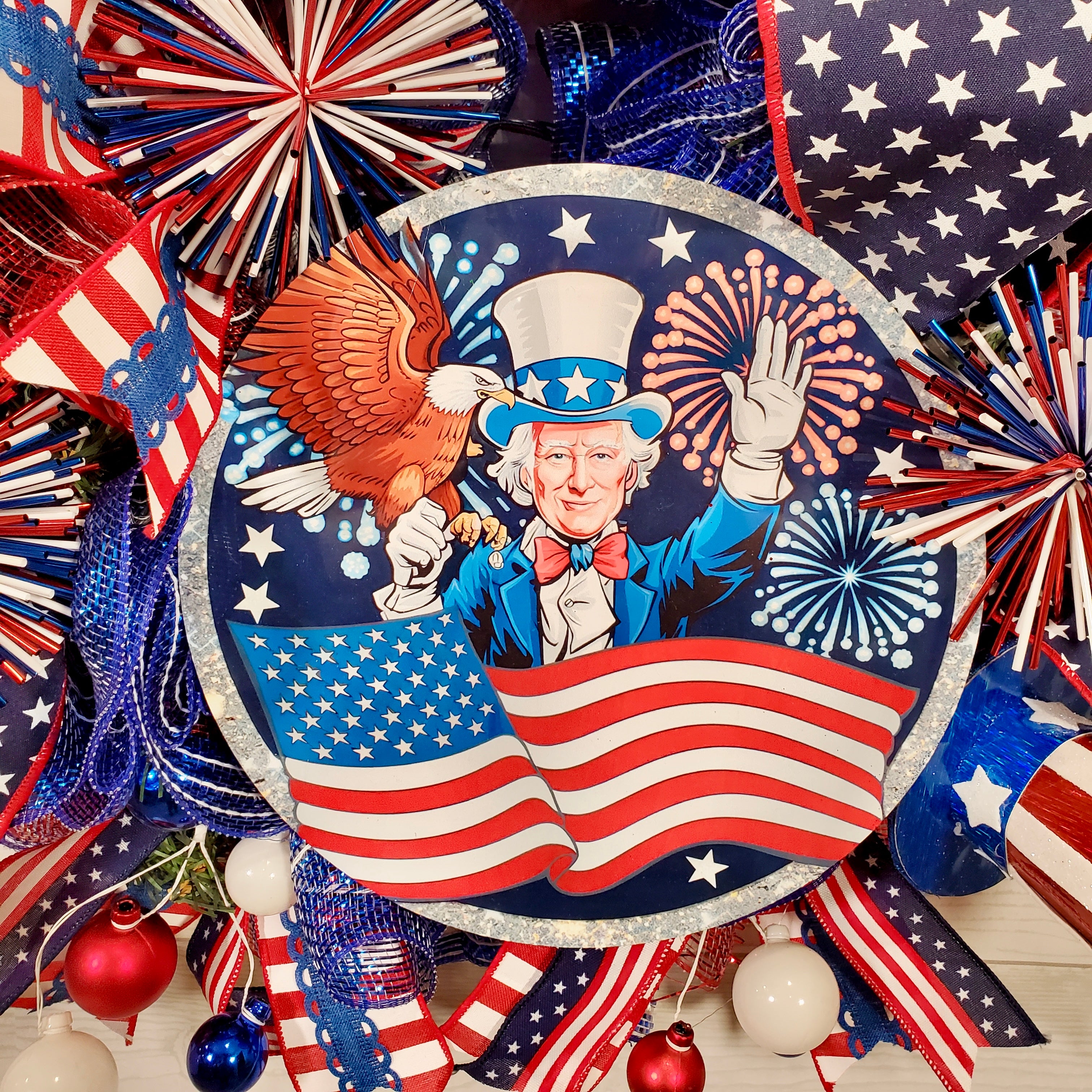 Patriotic Uncle Sam Wreath with Stars, Stripes, Fireworks Ribbons & Red White Blue Décor