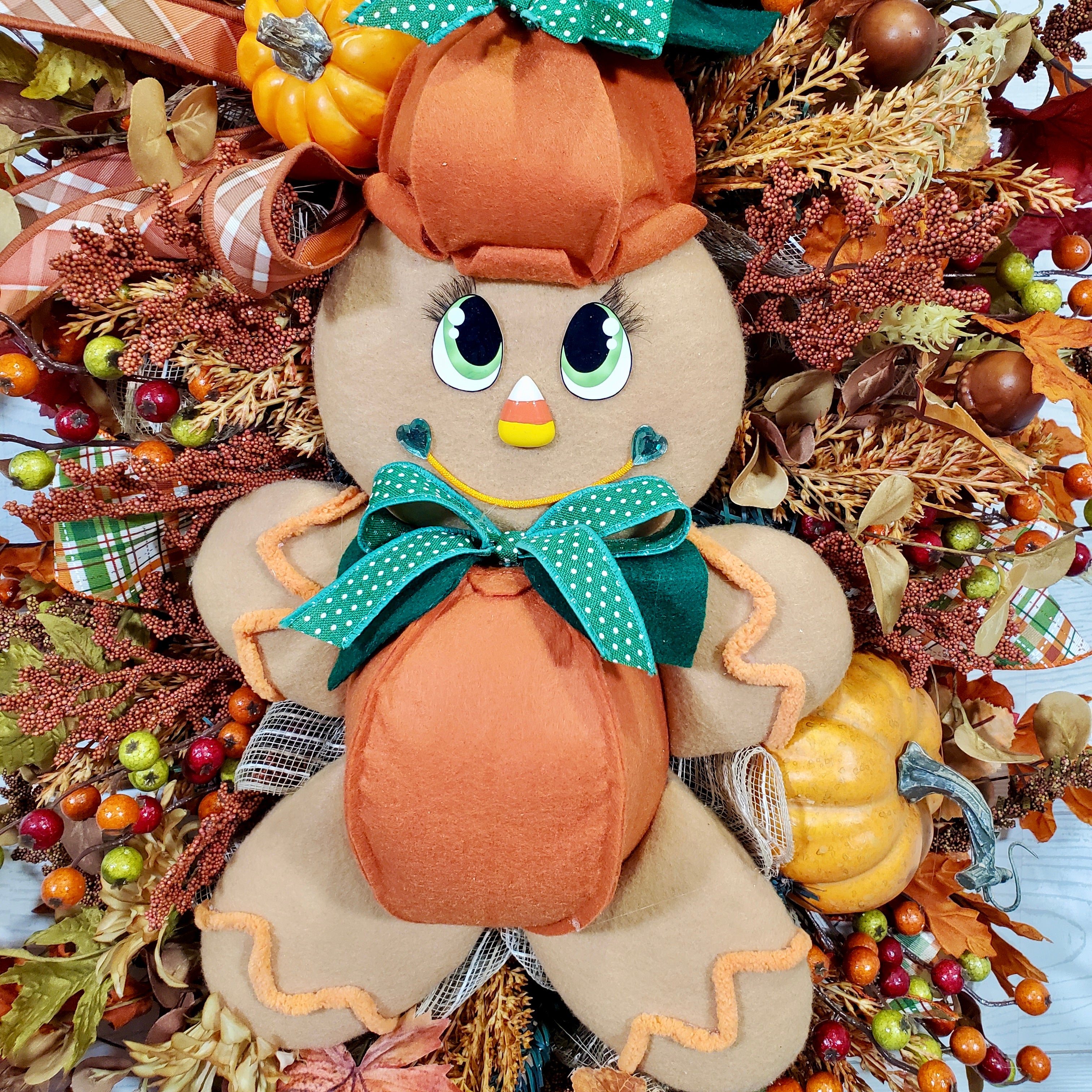 Fall Pumpkin Girl Wreath with Plush Figurine, Autumn Leaves, Ribbons & Harvest Accents