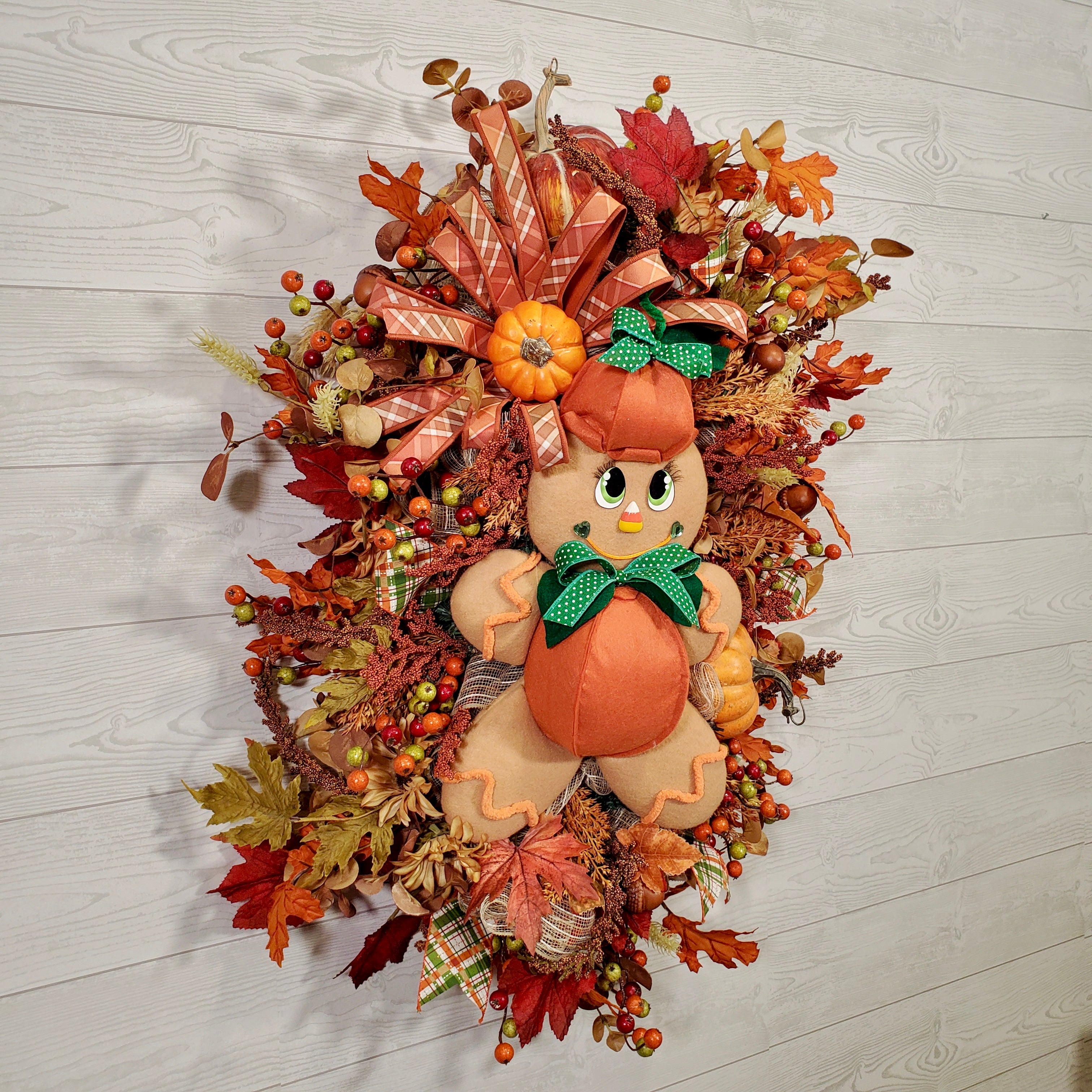 Fall Pumpkin Girl Wreath with Plush Figurine, Autumn Leaves, Ribbons & Harvest Accents