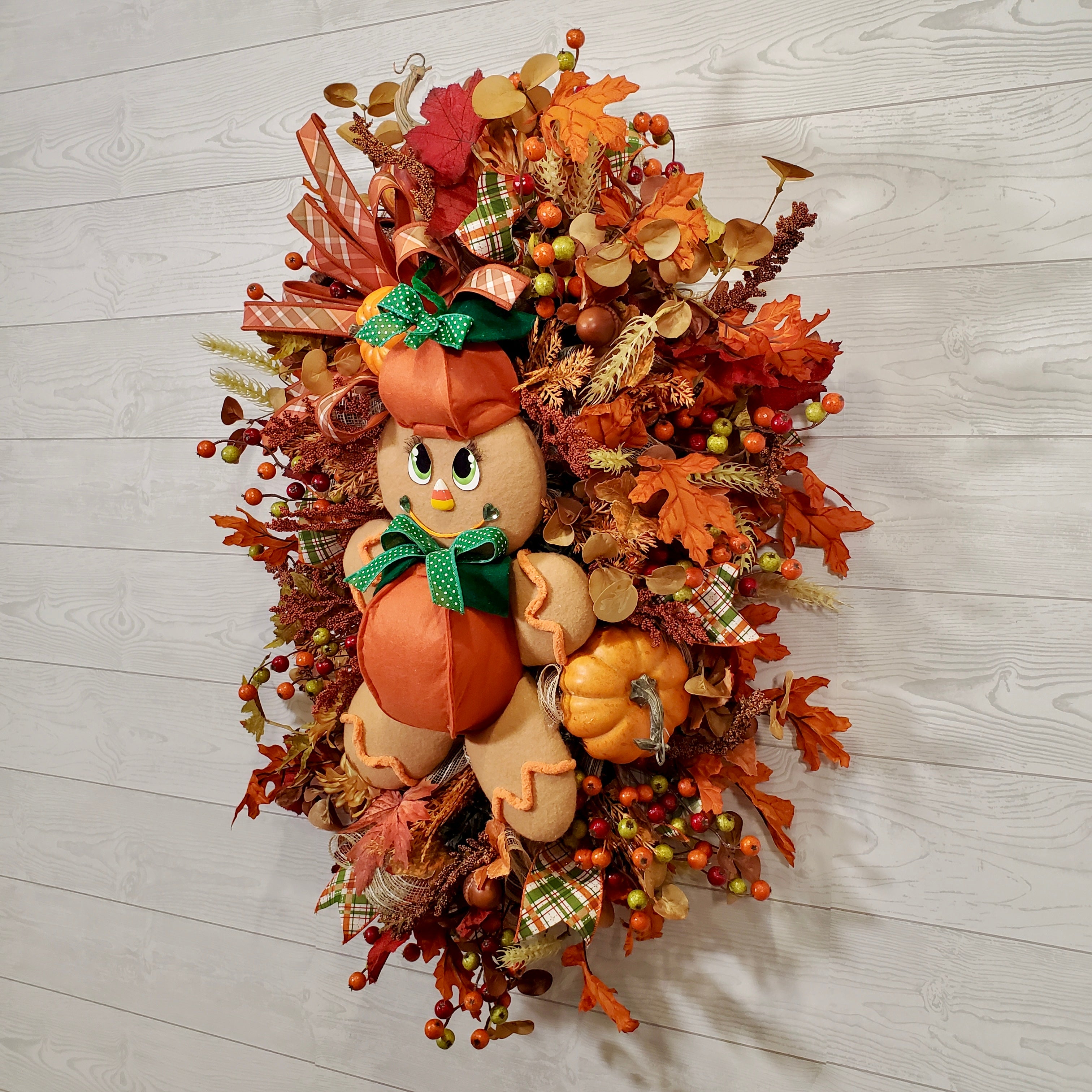 Fall Pumpkin Girl Wreath with Plush Figurine, Autumn Leaves, Ribbons & Harvest Accents