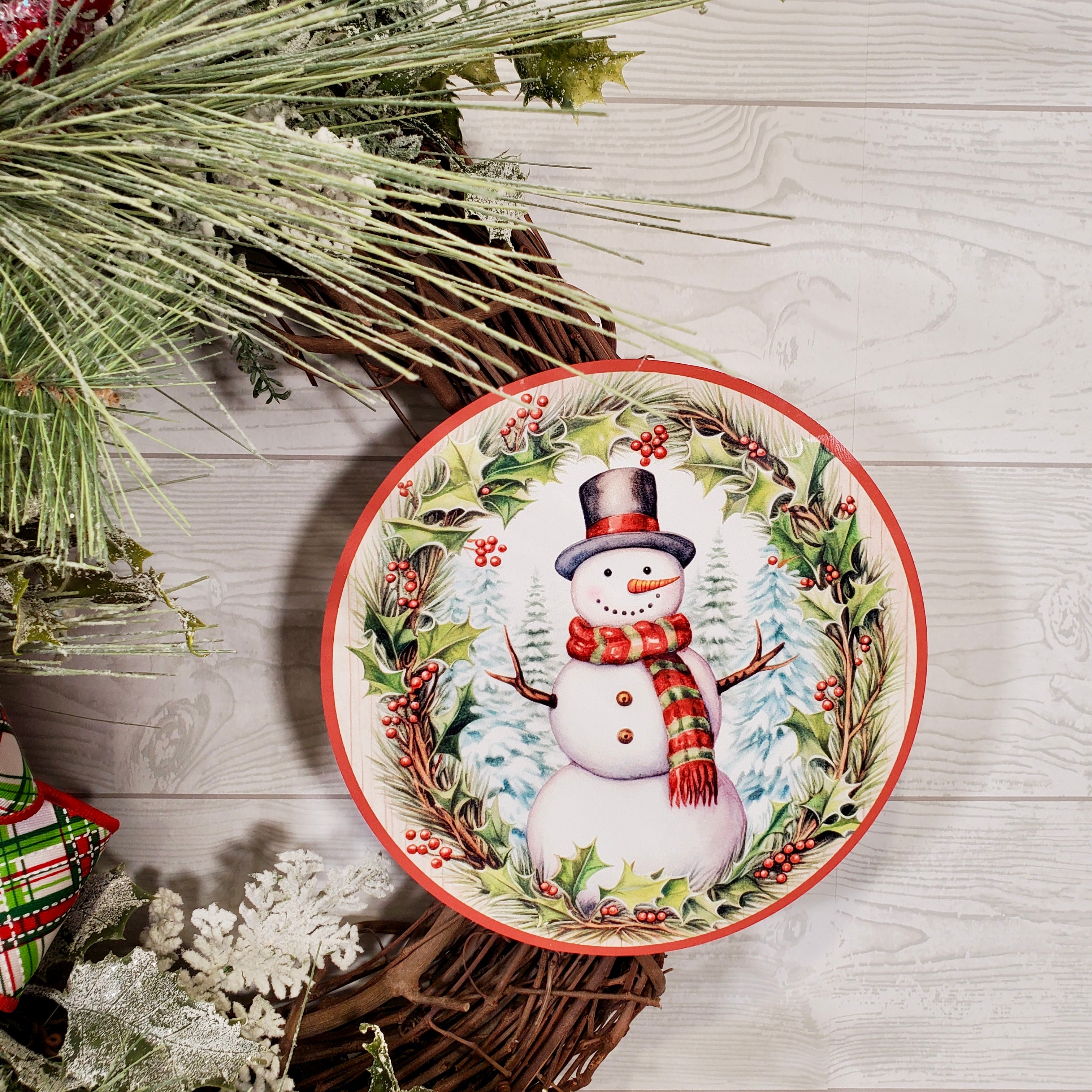 Christmas Snowman Wreath with Plaid Bow, Frosted Greenery, Winter Berries & Holiday Accents