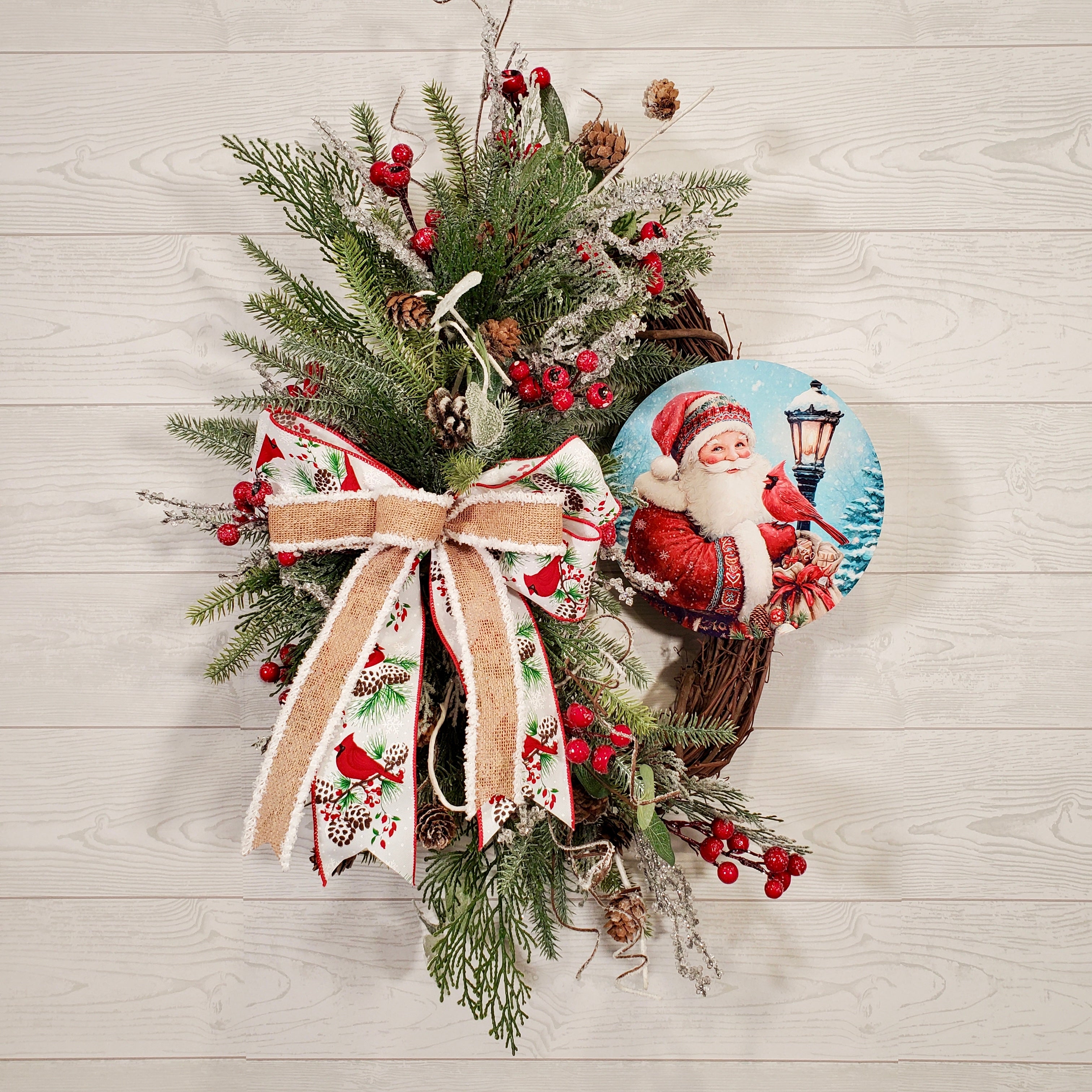 Santa Christmas Wreath with Cardinal Ribbon, Winter Greenery, Pinecones & Holiday Berries