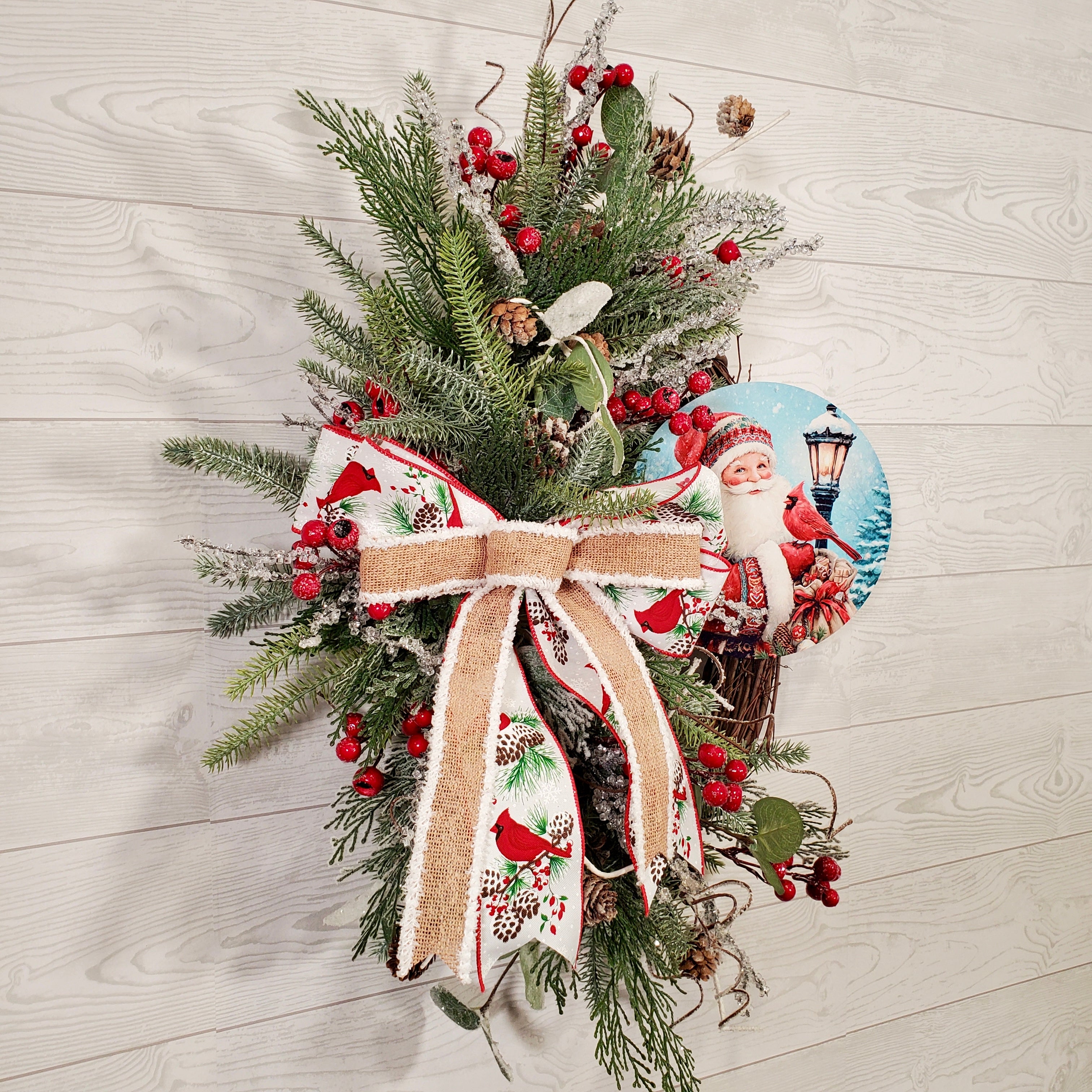 Santa Christmas Wreath with Cardinal Ribbon, Winter Greenery, Pinecones & Holiday Berries