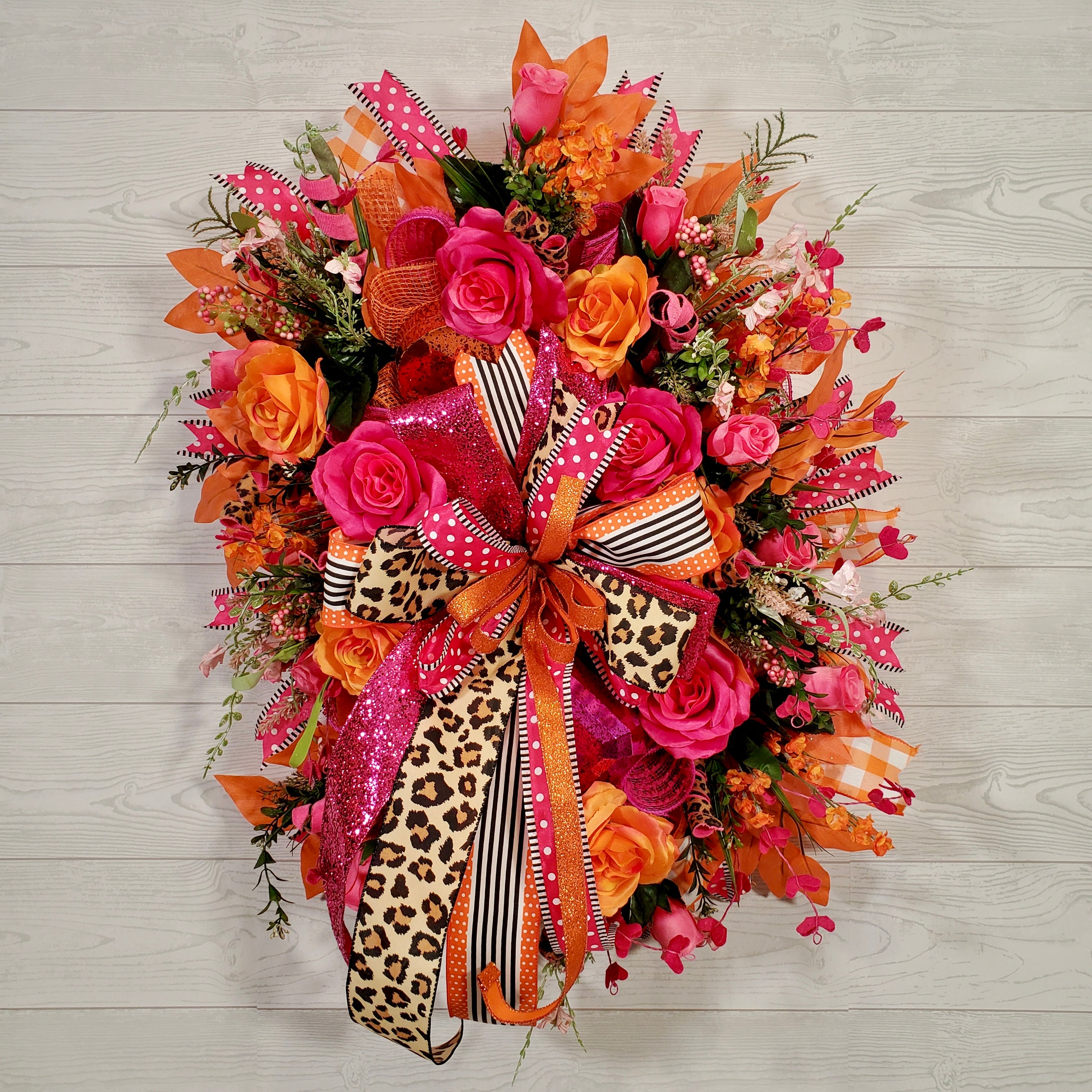 Hot Pink and Orange Floral Wreath with Leopard Bow, Bright Roses, Glam Ribbon & Lush Spring Greenery