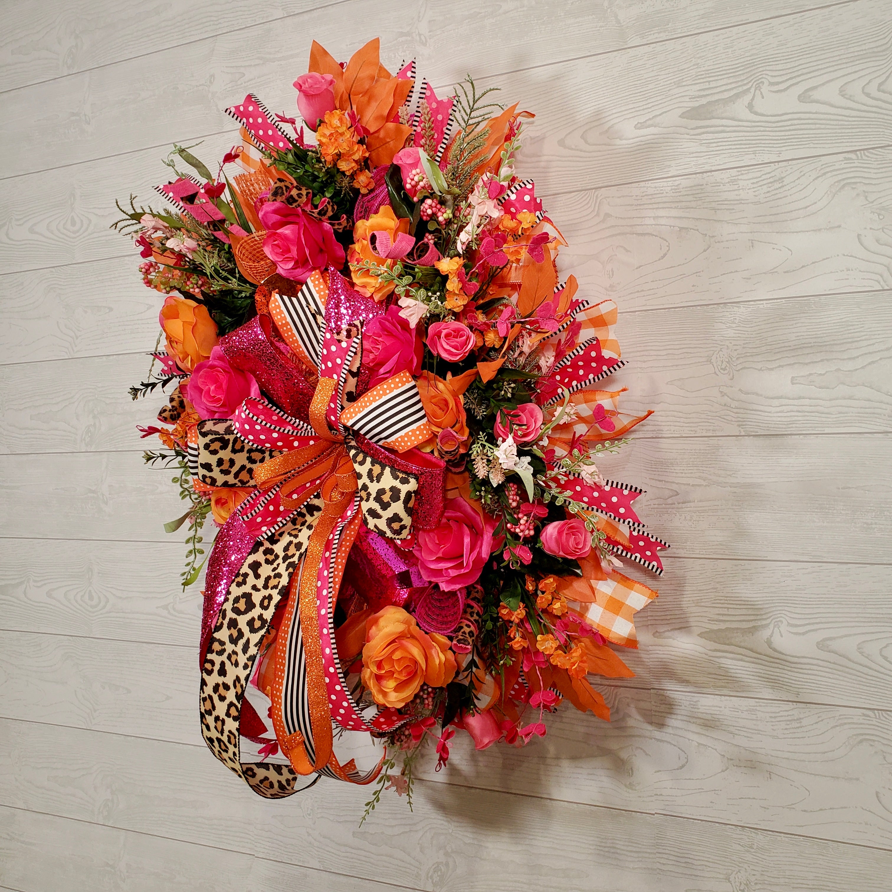 Hot Pink and Orange Floral Wreath with Leopard Bow, Bright Roses, Glam Ribbon & Lush Spring Greenery