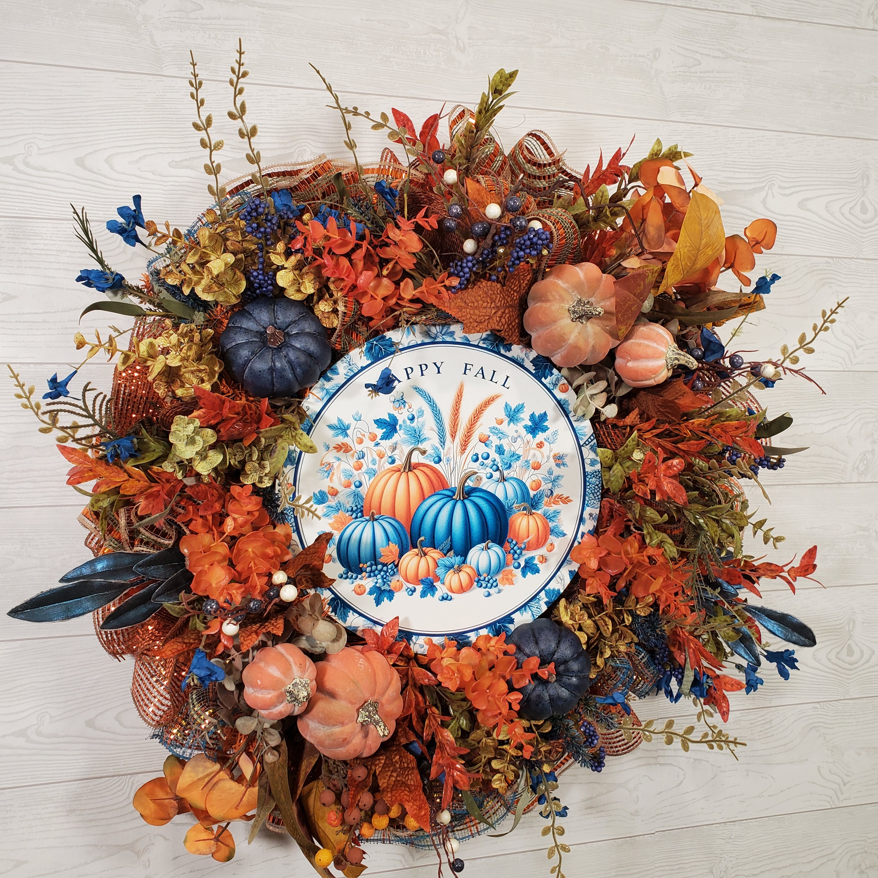Happy Fall Pumpkin Wreath with Blue and Orange Pumpkins, Autumn Florals, Harvest Leaves, and Rustic Fall Texture