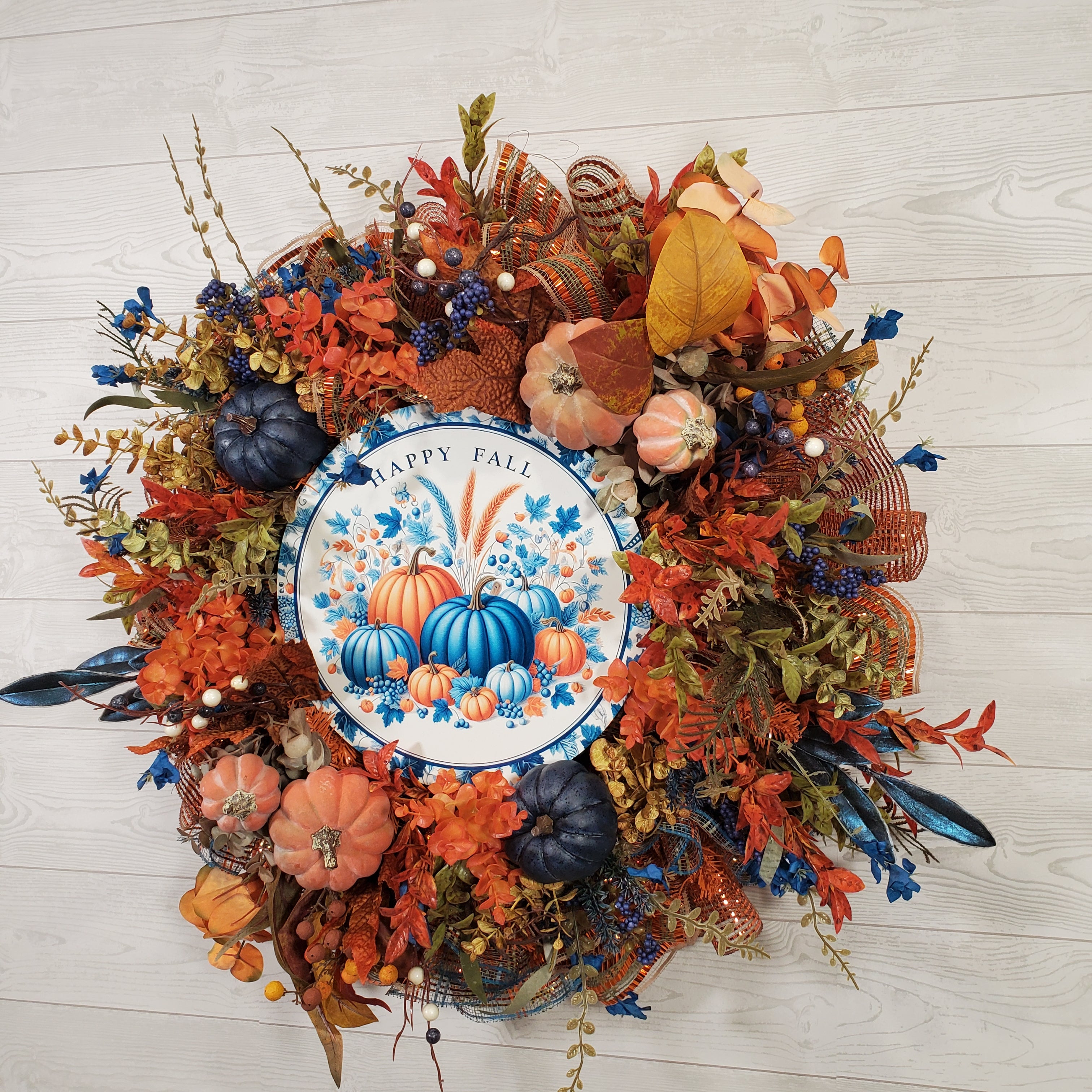 Happy Fall Pumpkin Wreath with Blue and Orange Pumpkins, Autumn Florals, Harvest Leaves, and Rustic Fall Texture