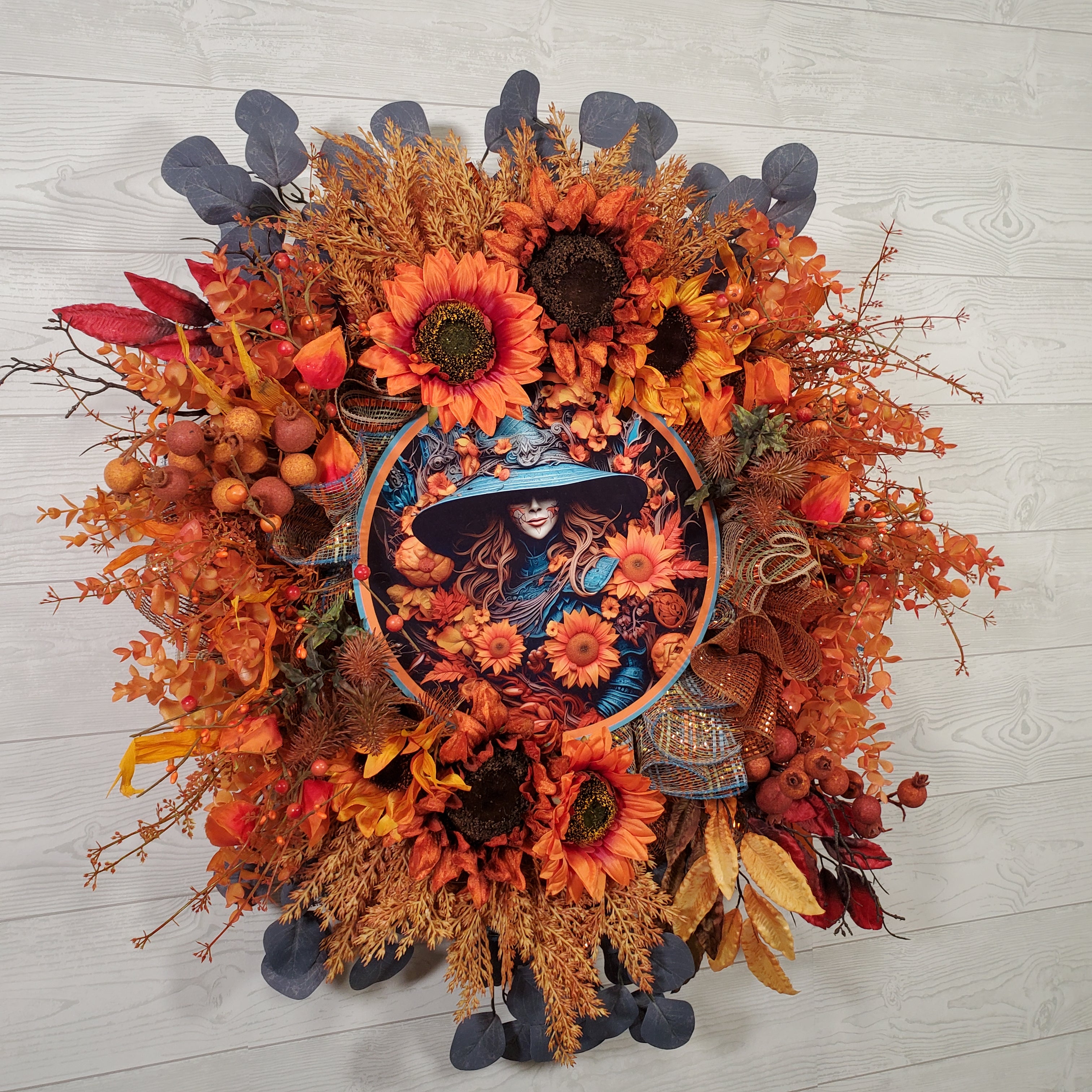 Autumn Witch Sunflower Wreath with Orange Fall Florals, Harvest Leaves, and Moody Botanical Accents for Front Door Decor