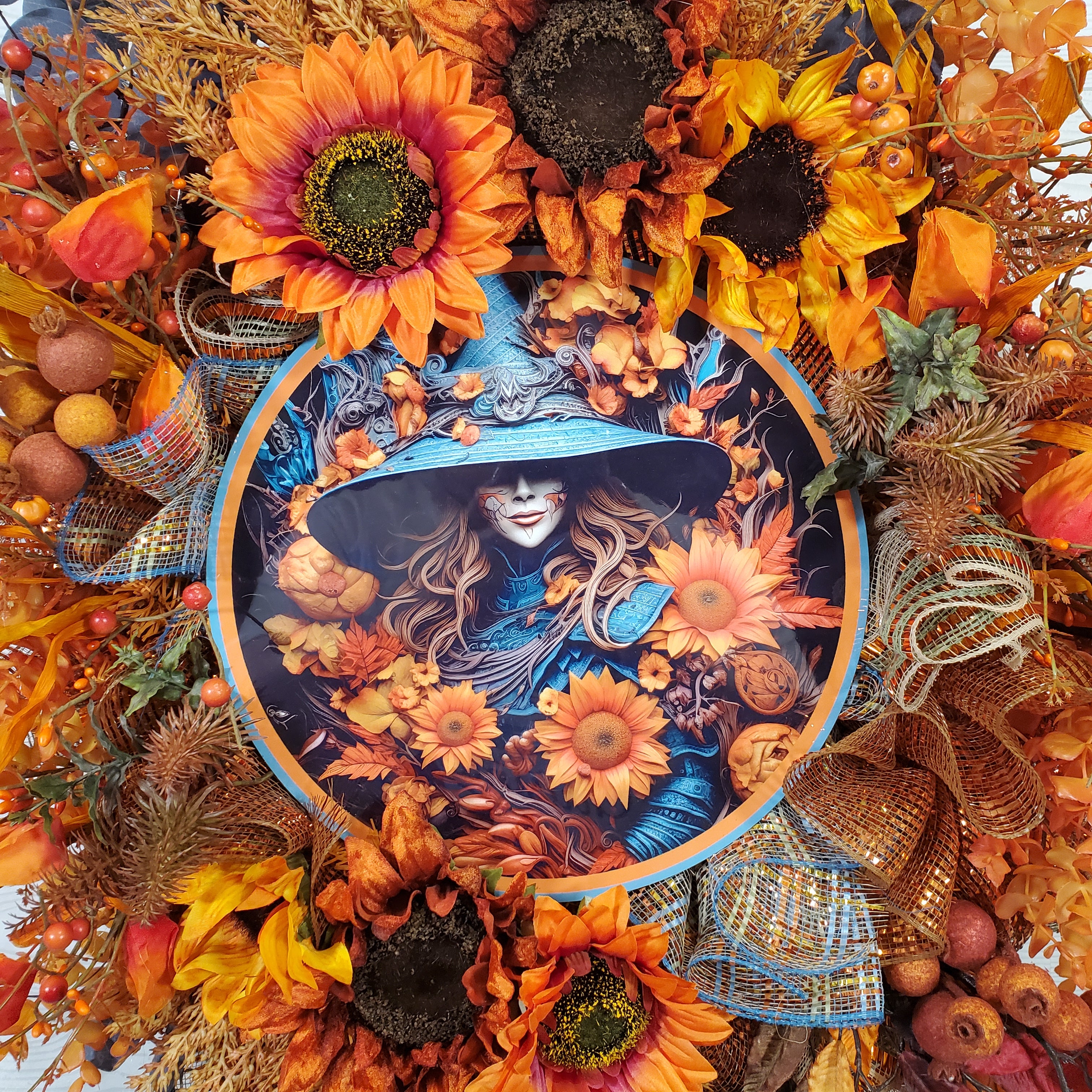 Autumn Witch Sunflower Wreath with Orange Fall Florals, Harvest Leaves, and Moody Botanical Accents for Front Door Decor