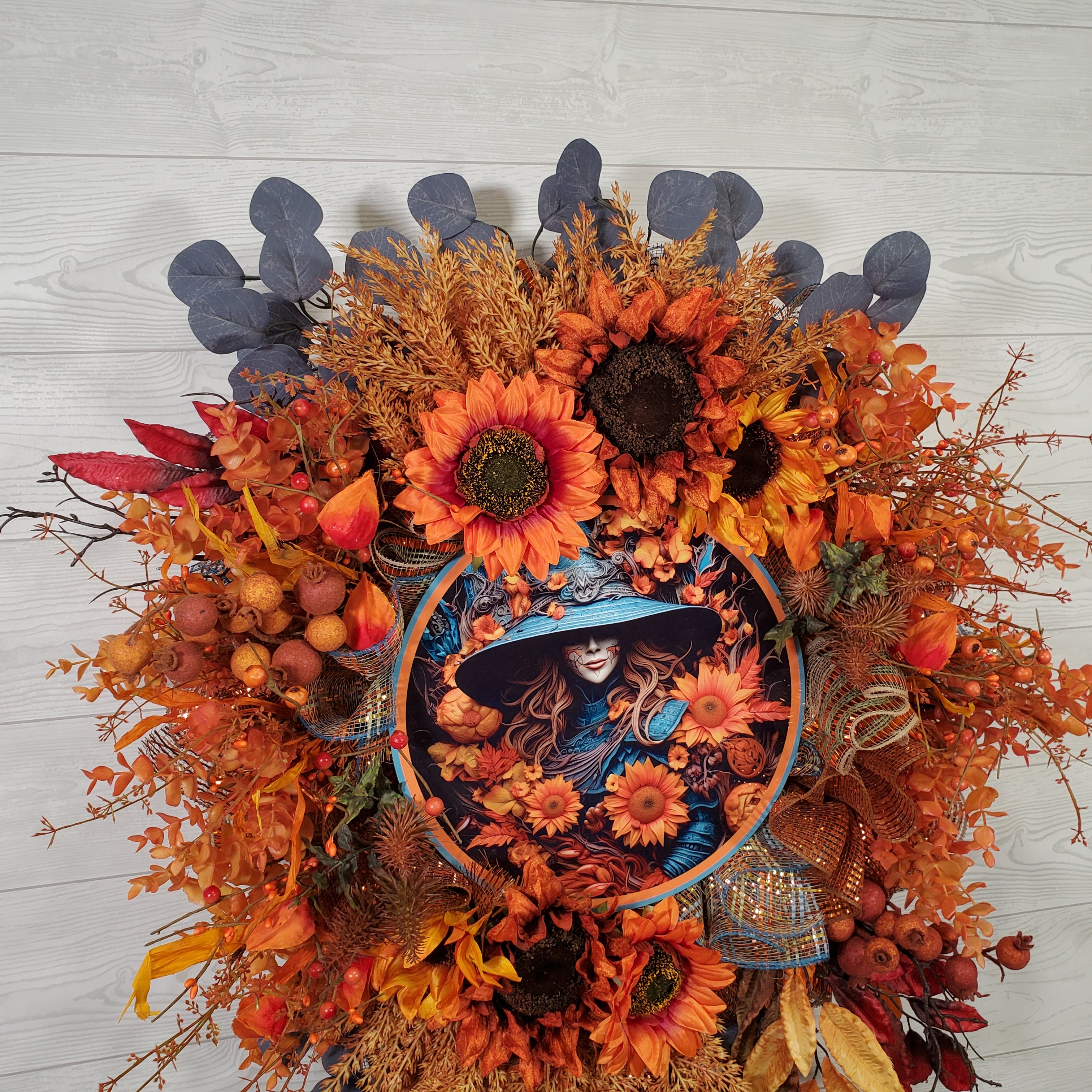 Autumn Witch Sunflower Wreath with Orange Fall Florals, Harvest Leaves, and Moody Botanical Accents for Front Door Decor