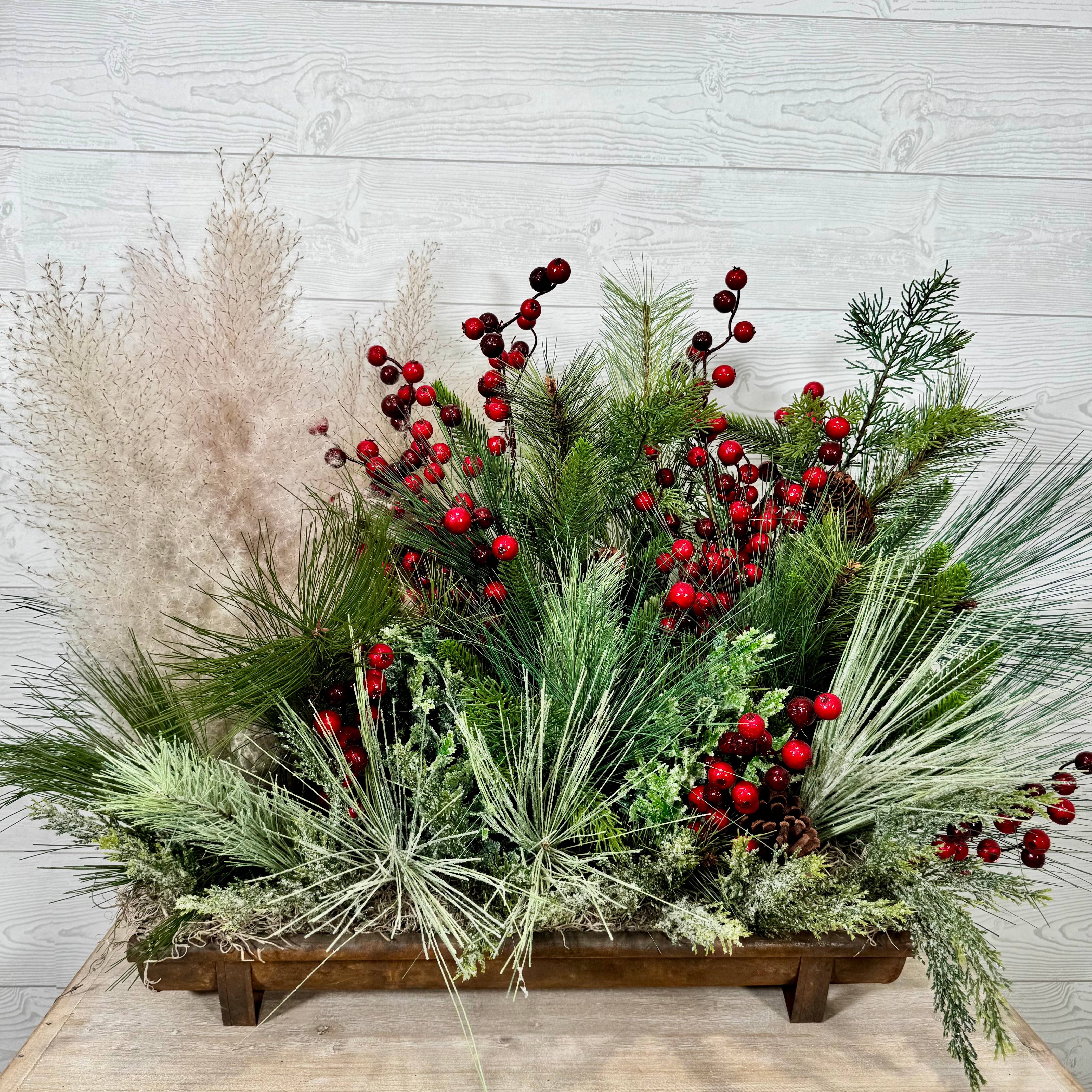 Rustic Woodland Christmas Centerpiece, Red Berry and Pine Arrangement with Pampas Grass, Winter Farmhouse Holiday Decor