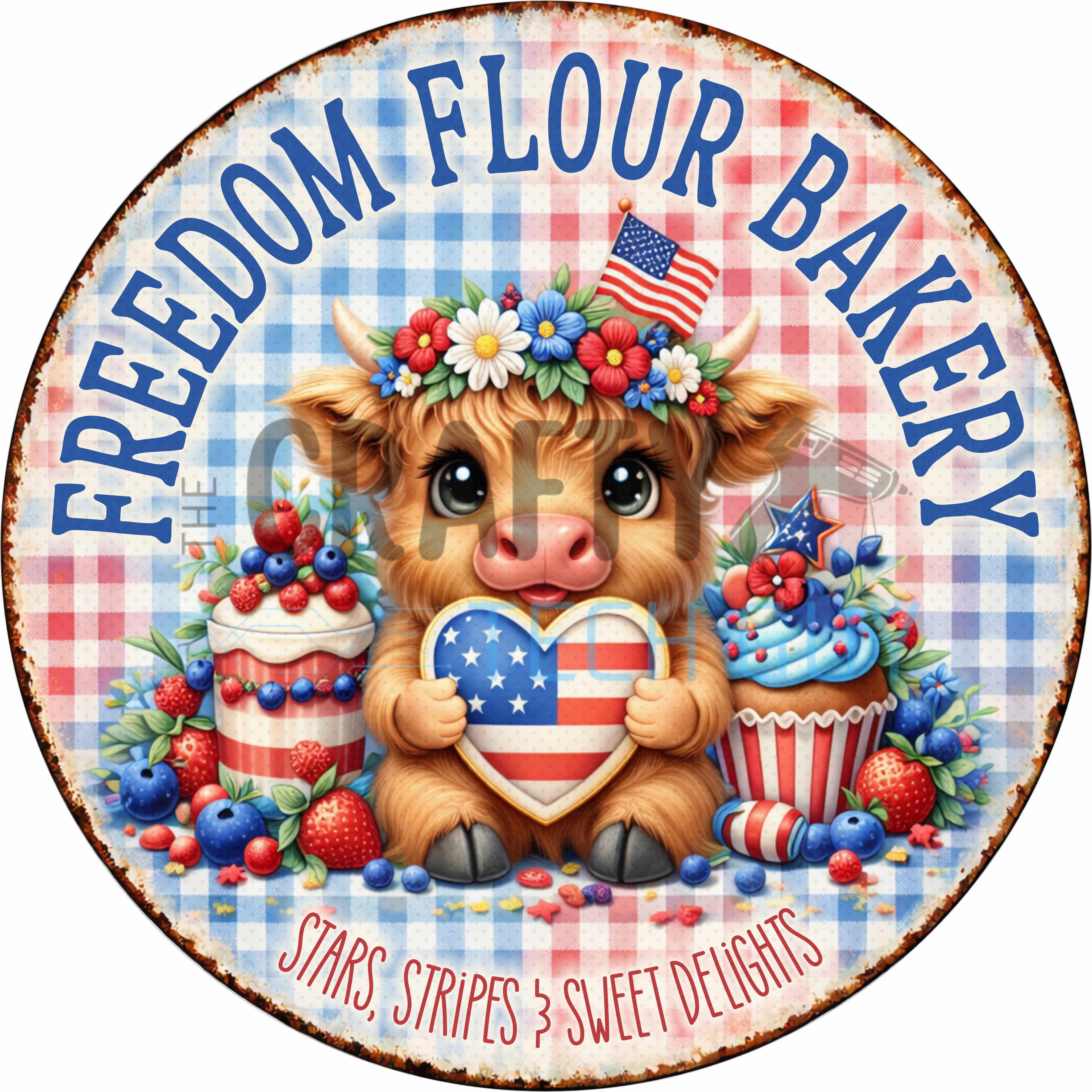 Freedom Flour Bakery Patriotic Cow Round Wreath Sign