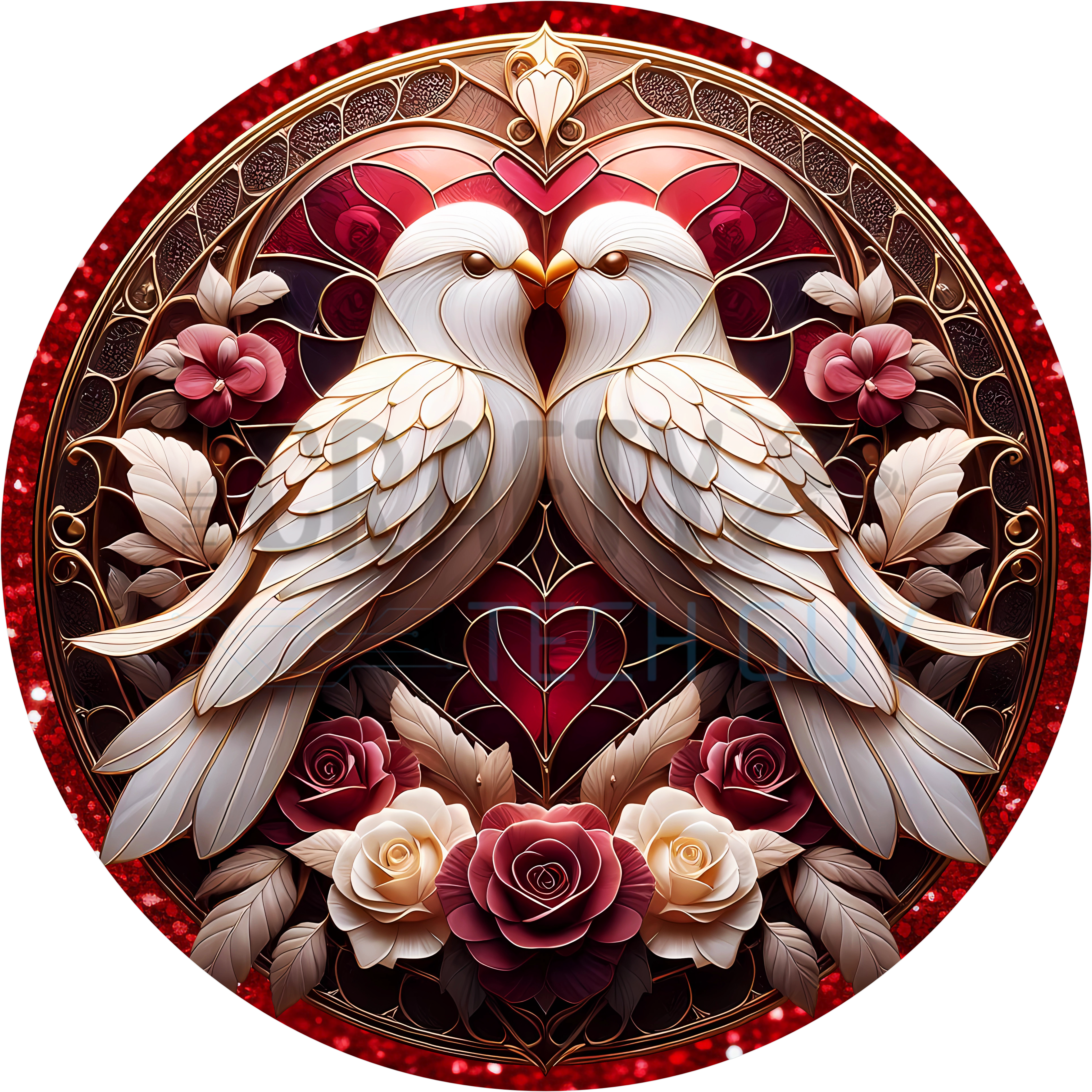 Romantic White Doves with Red Roses and Gold Filigree | Elegant Lovebirds Design for Valentine’s Day, Weddings, and Romantic Home Décor