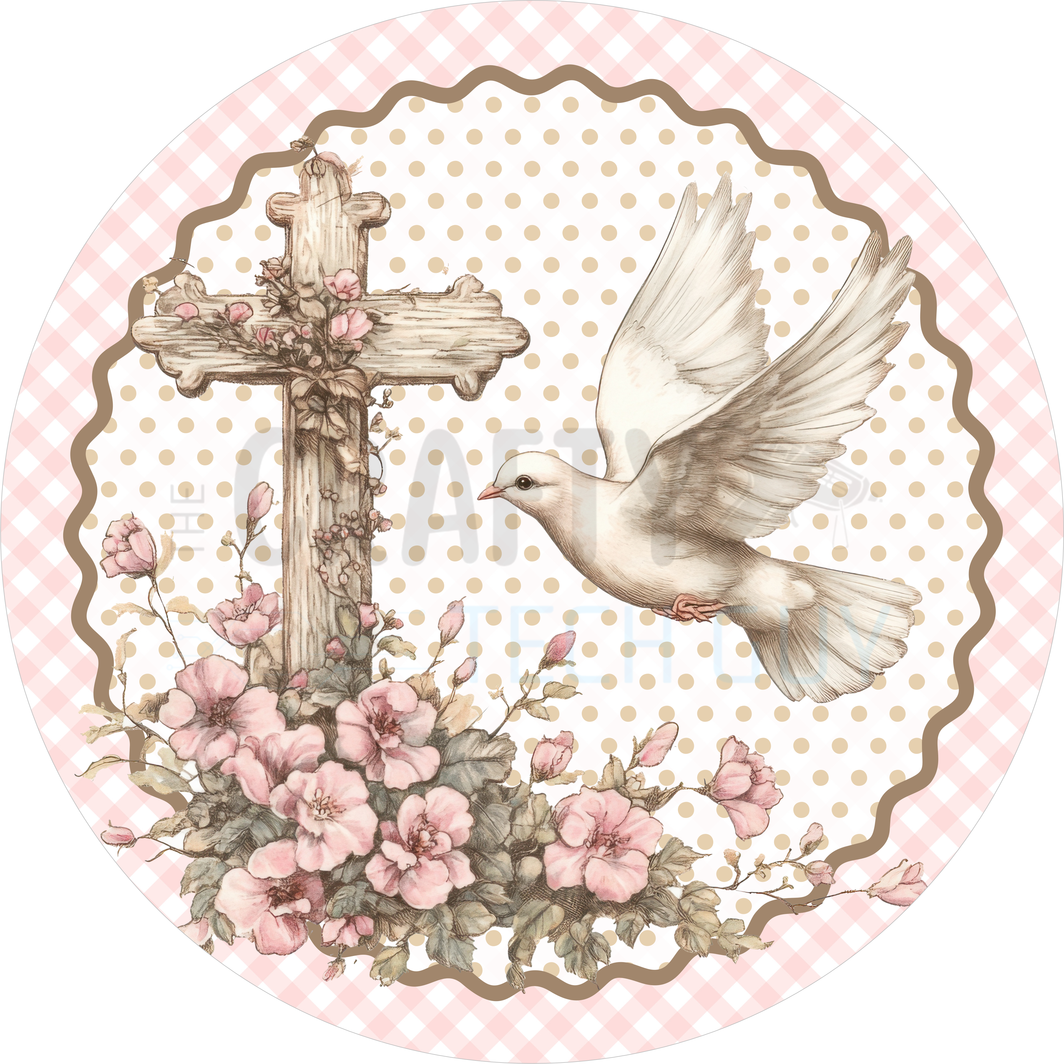 Vintage Floral Easter Cross Round Sign – Dove & Pink Bouquet Decor