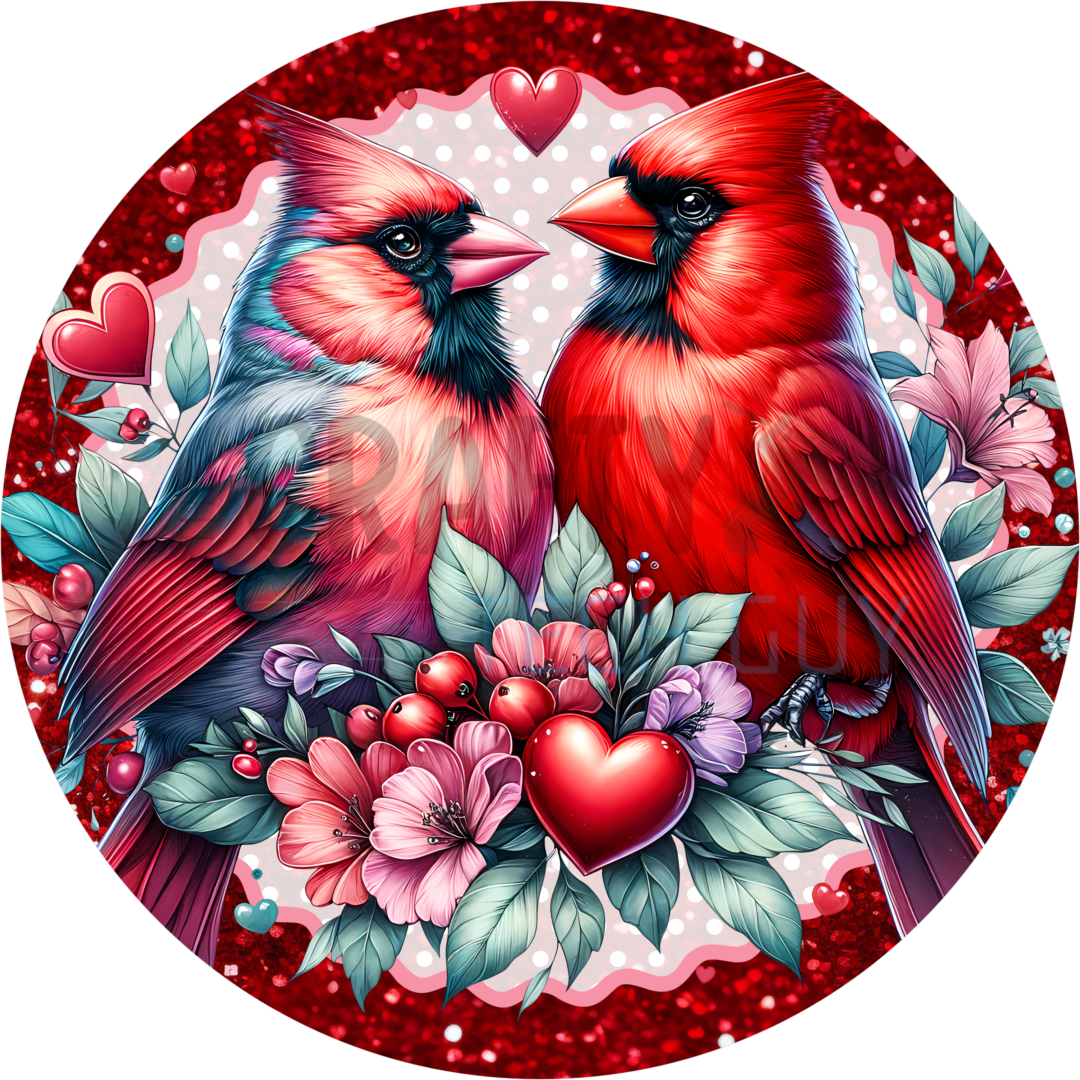 Romantic Cardinal Couple Design | Red Glitter Heart Background with Cardinals, Flowers, and Love Theme for Winter or Valentine Décor