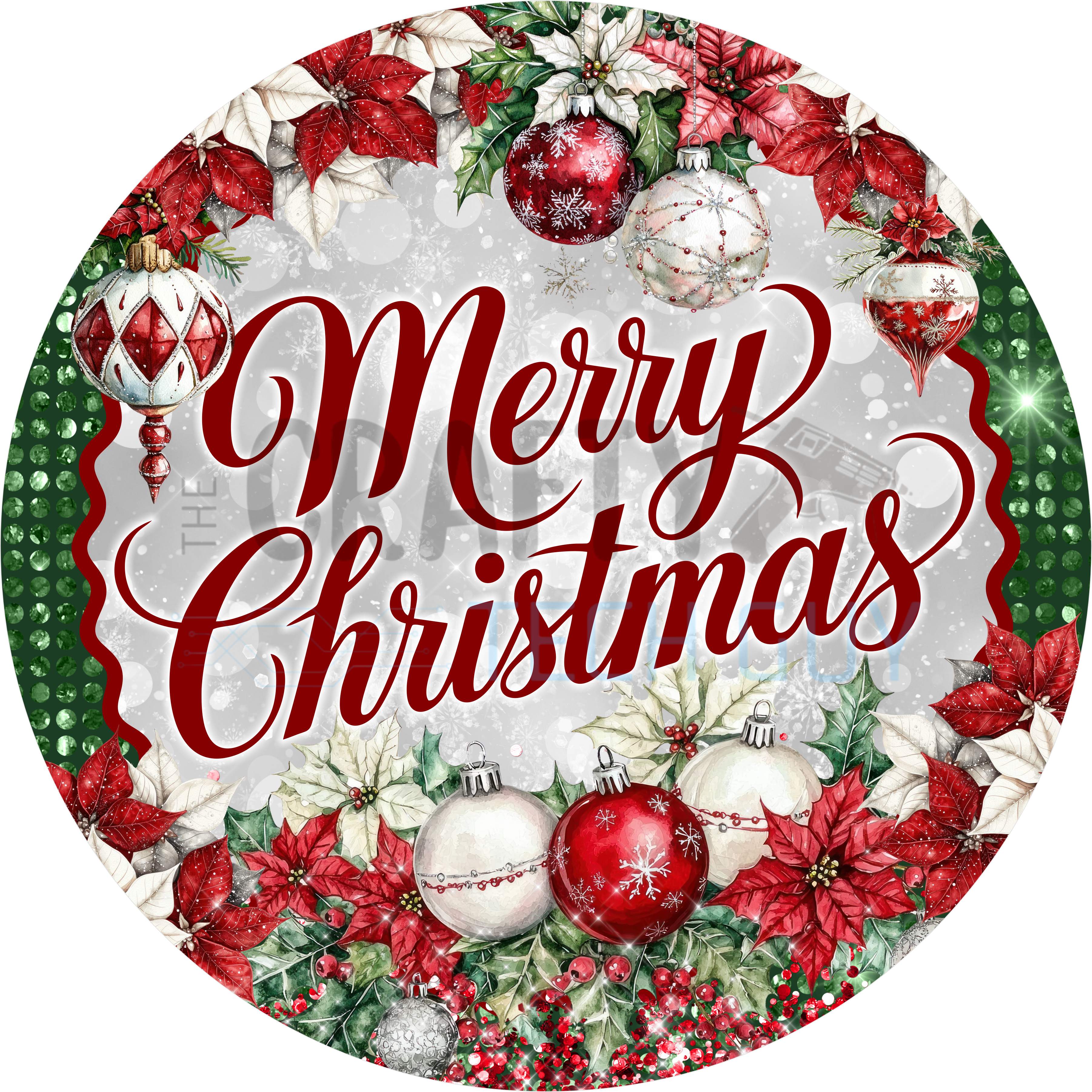 Elegant Merry Christmas Design | Red Poinsettia & Ornament Holiday Art | Classic Christmas Wreath Style for Festive Home Décor