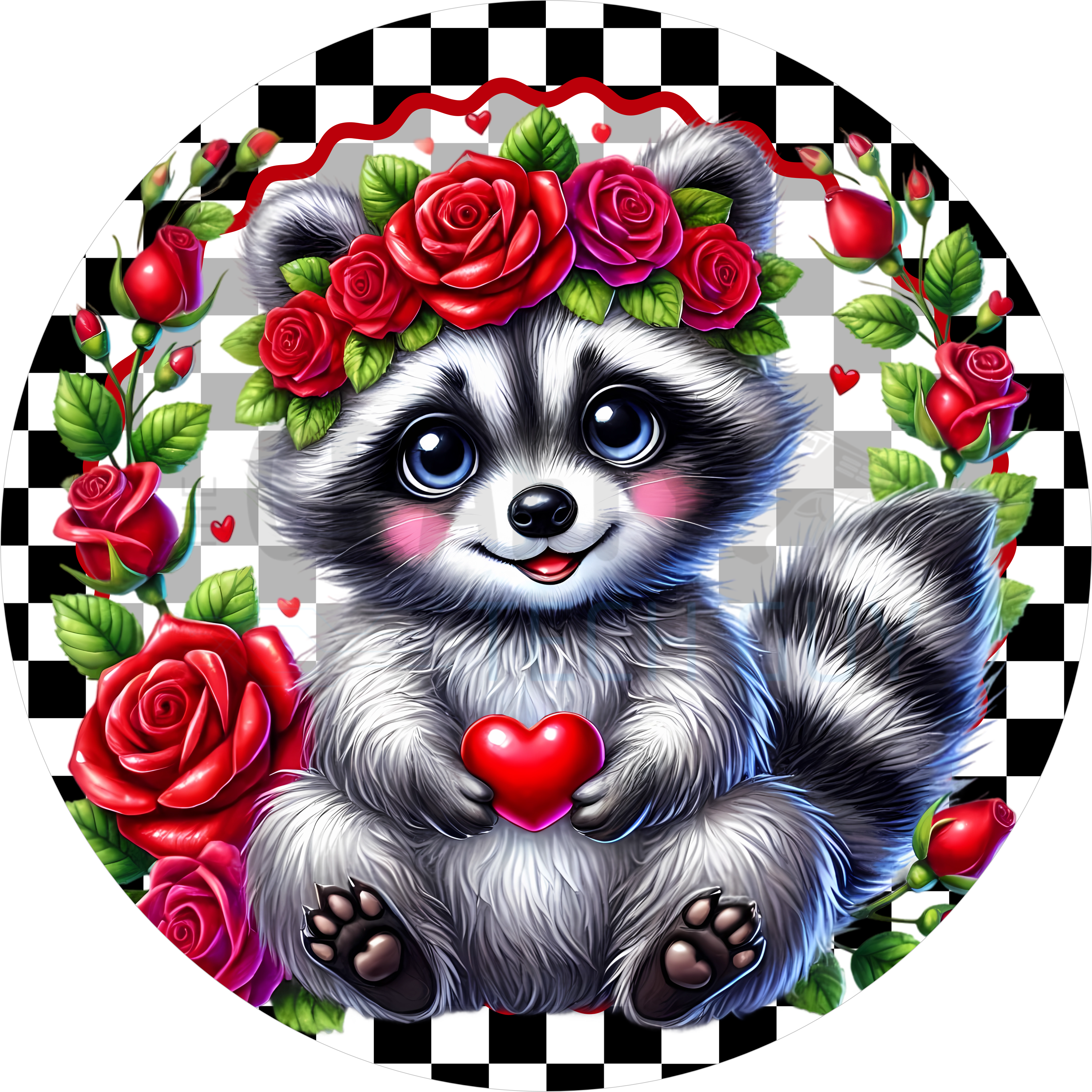 Valentine Raccoon Round Sign – Roses & Heart Decor