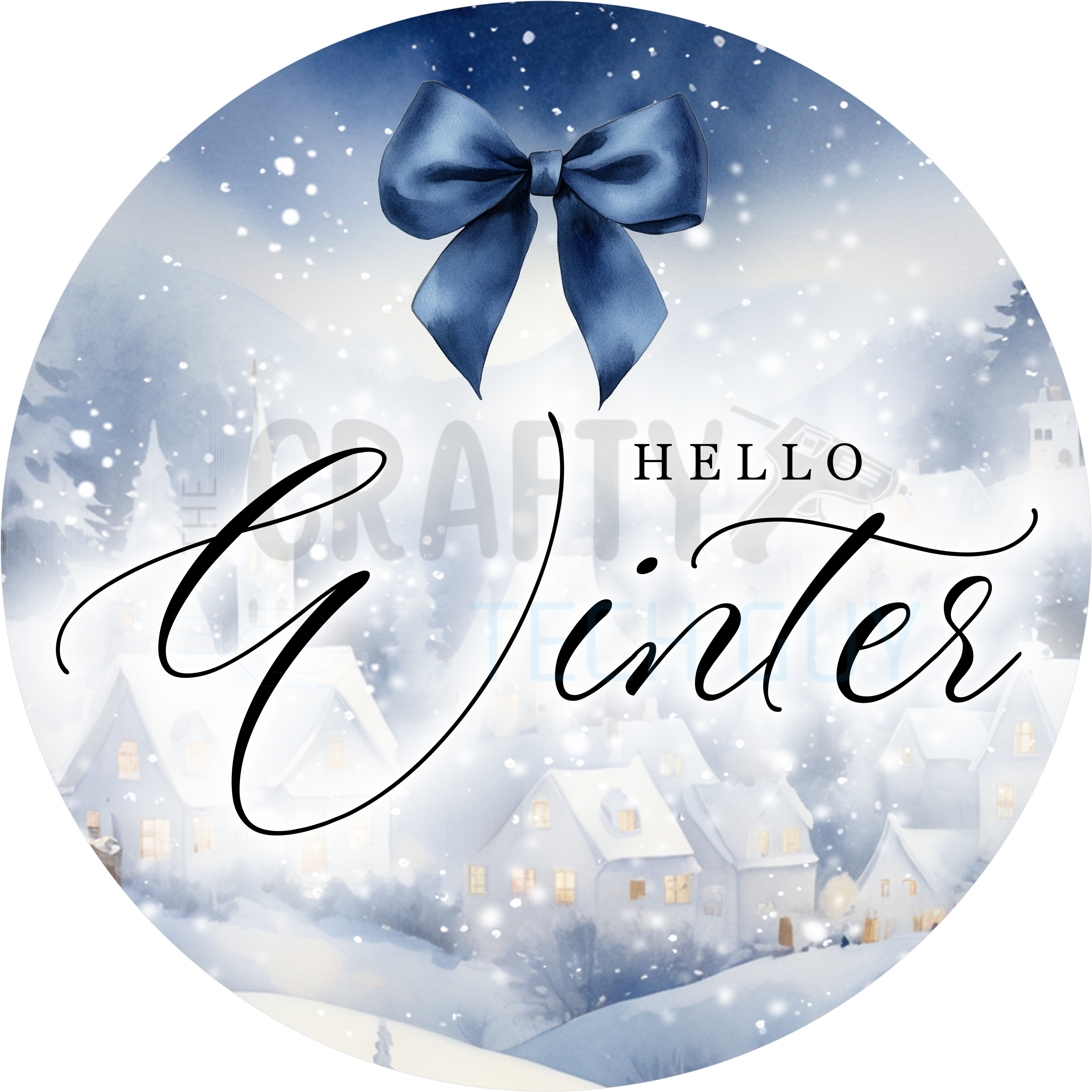 Hello Winter Round Sign – Blue Bow Snowy Village Decor