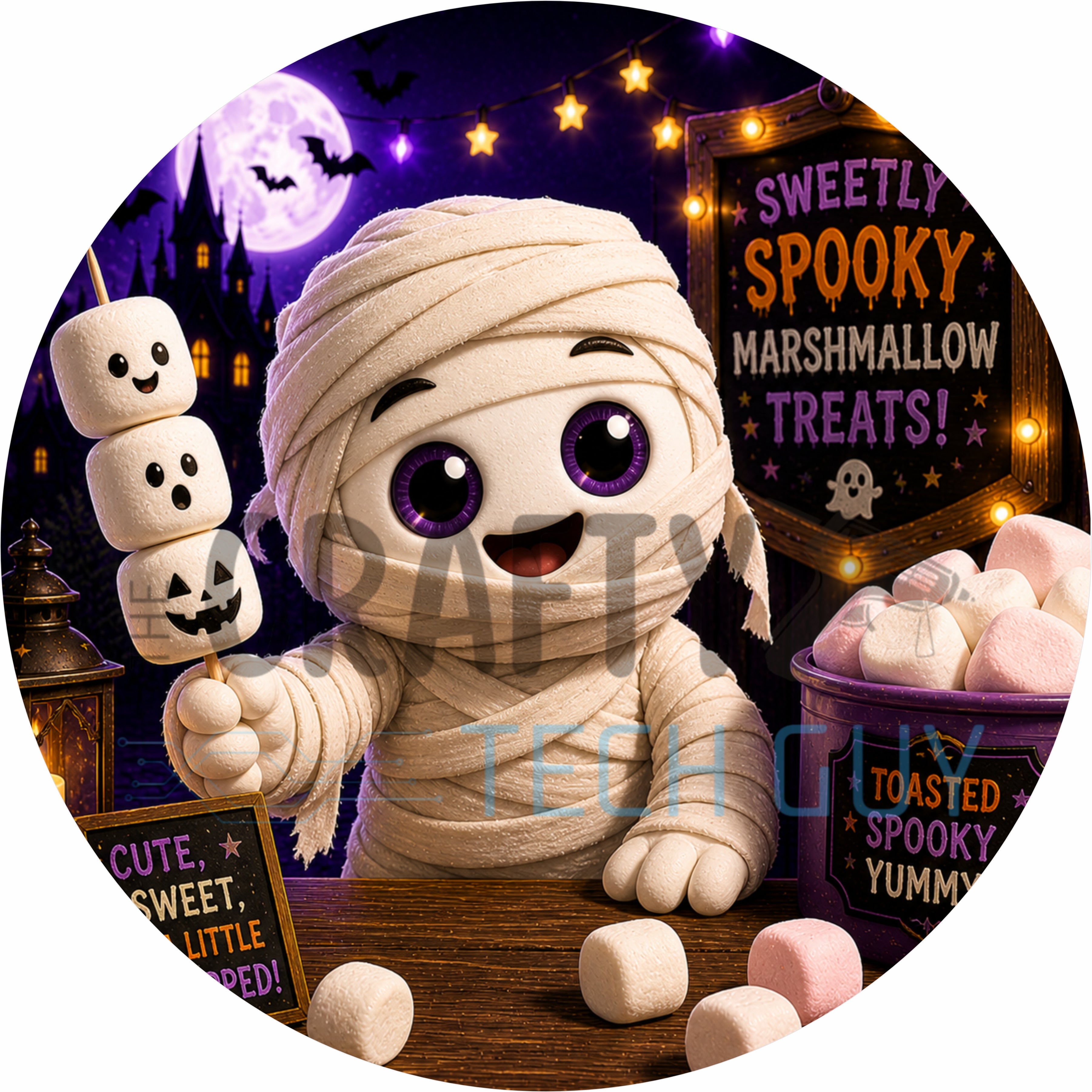 Cute Mummy Marshmallow Halloween Round Wreath Sign