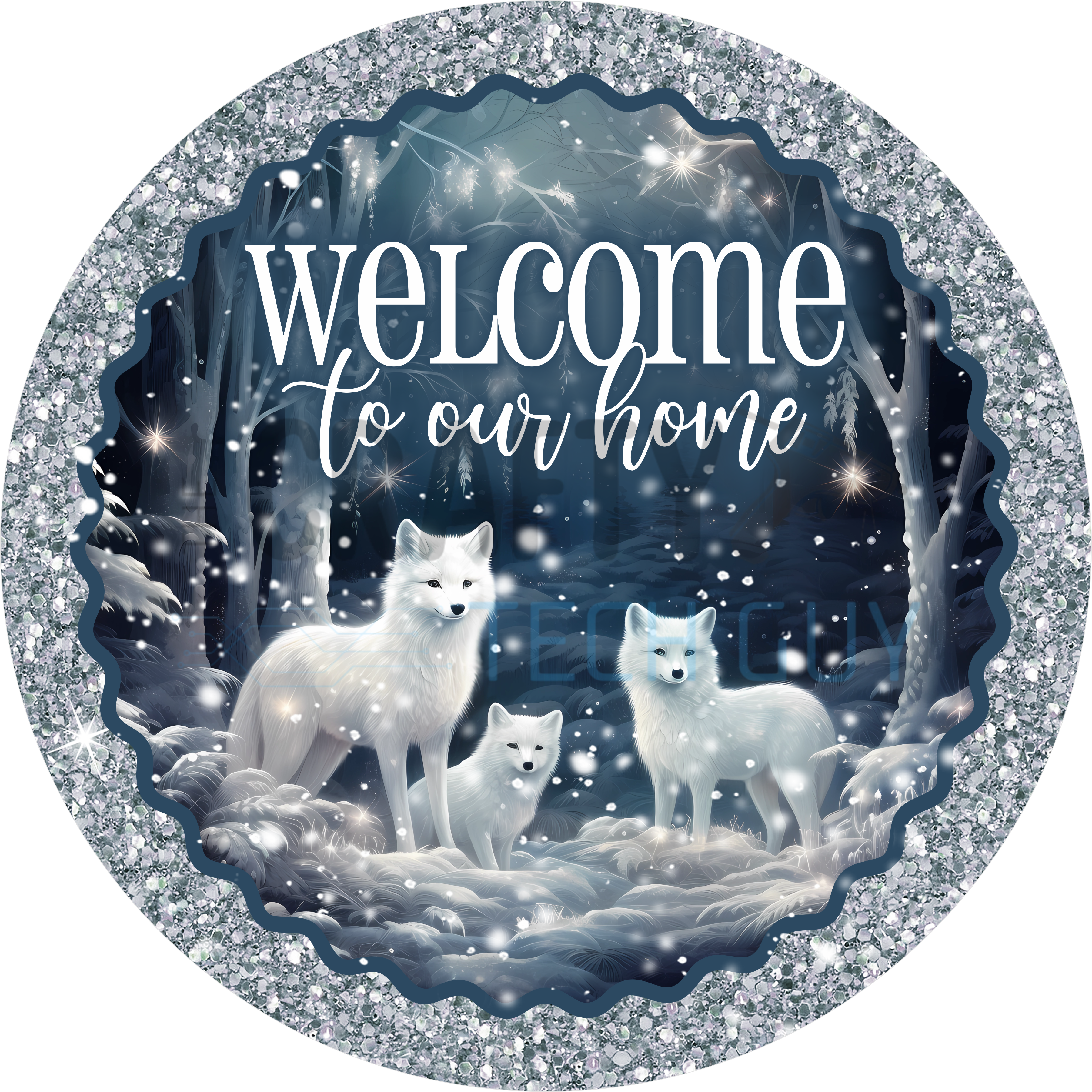 Winter Arctic Fox Family Design | Welcome To Our Home Frosted Forest Art with Silver Glitter for Seasonal and Holiday Décor