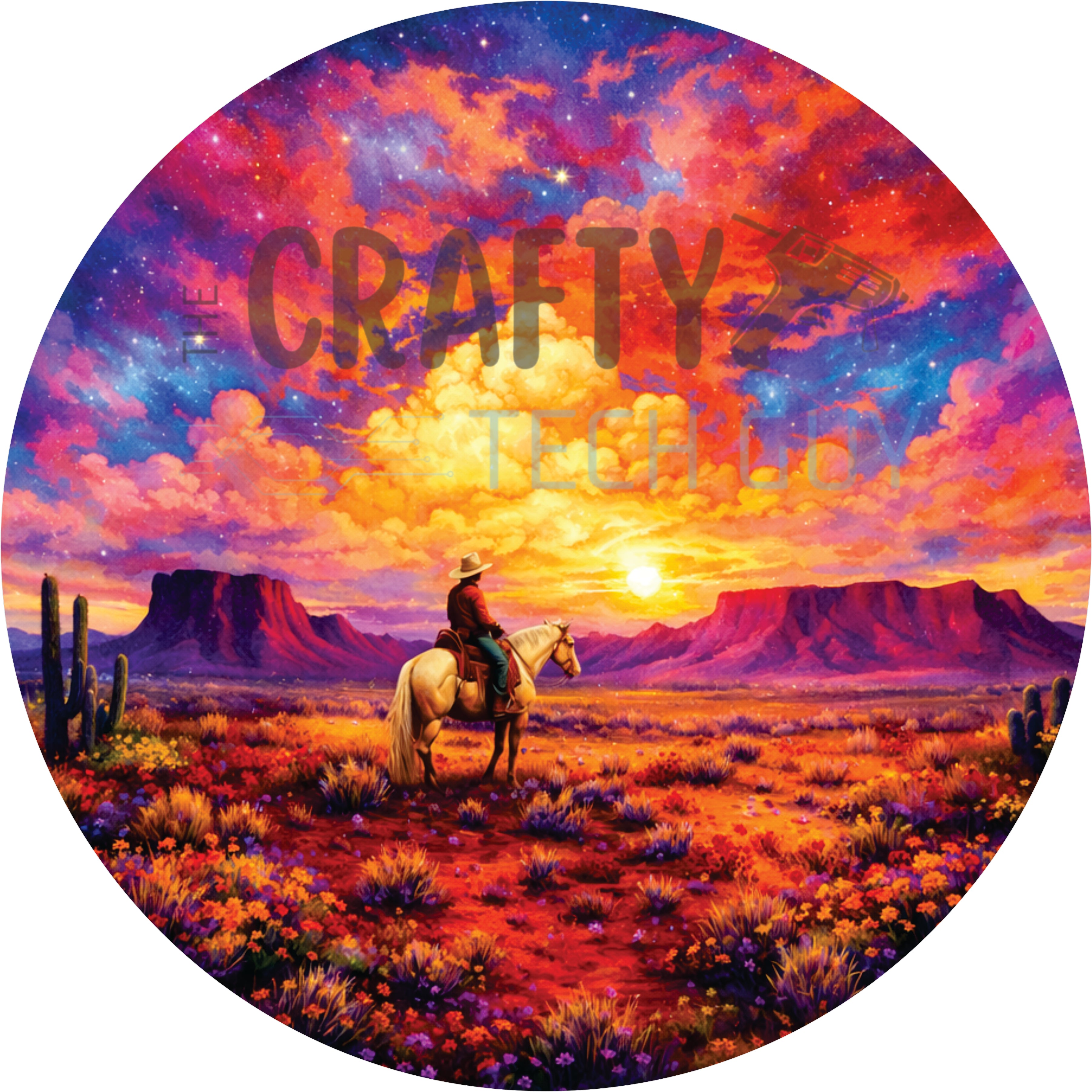 Vibrant Desert Sunset Cowboy Round Wreath Sign