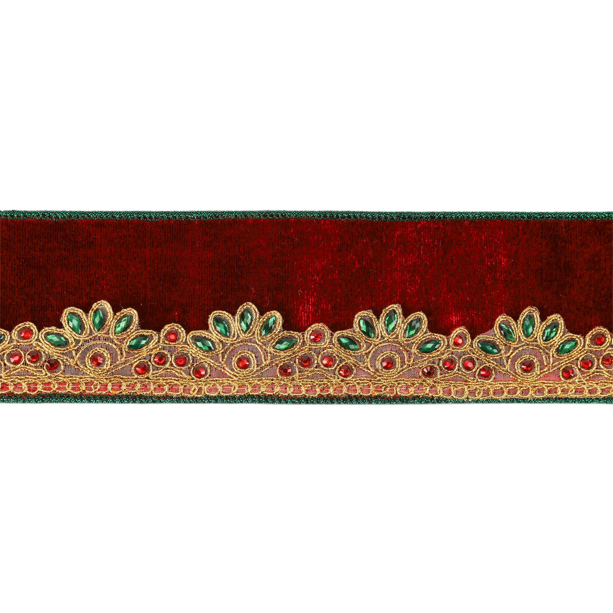 Close Up of Embroidered Gold Scallop Jewel Border on Red Velvet Wired Ribbon