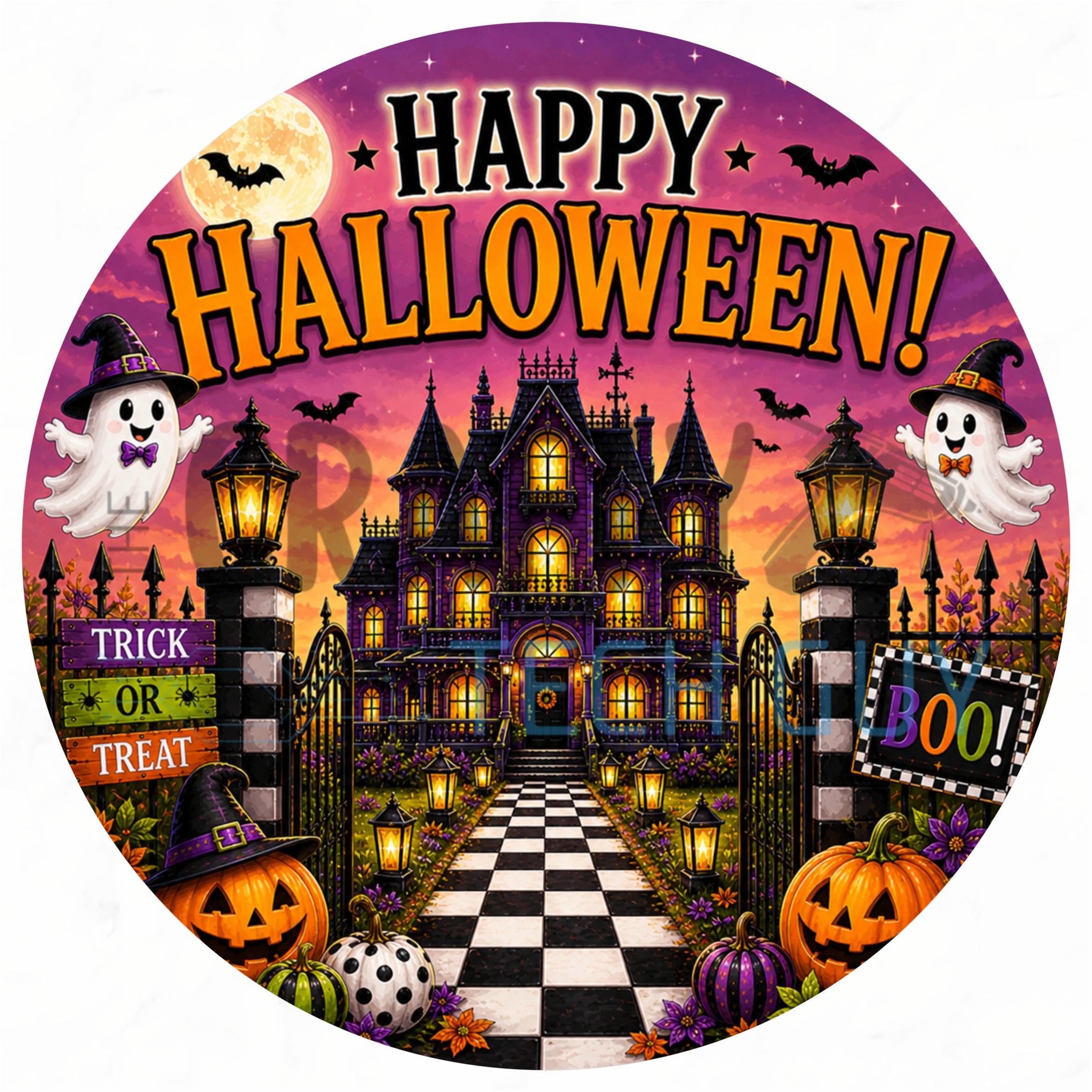 Letrero fantasma de cuadros vichy rosas con piruleta y lazos: una bonita decoración de pared para Halloween.