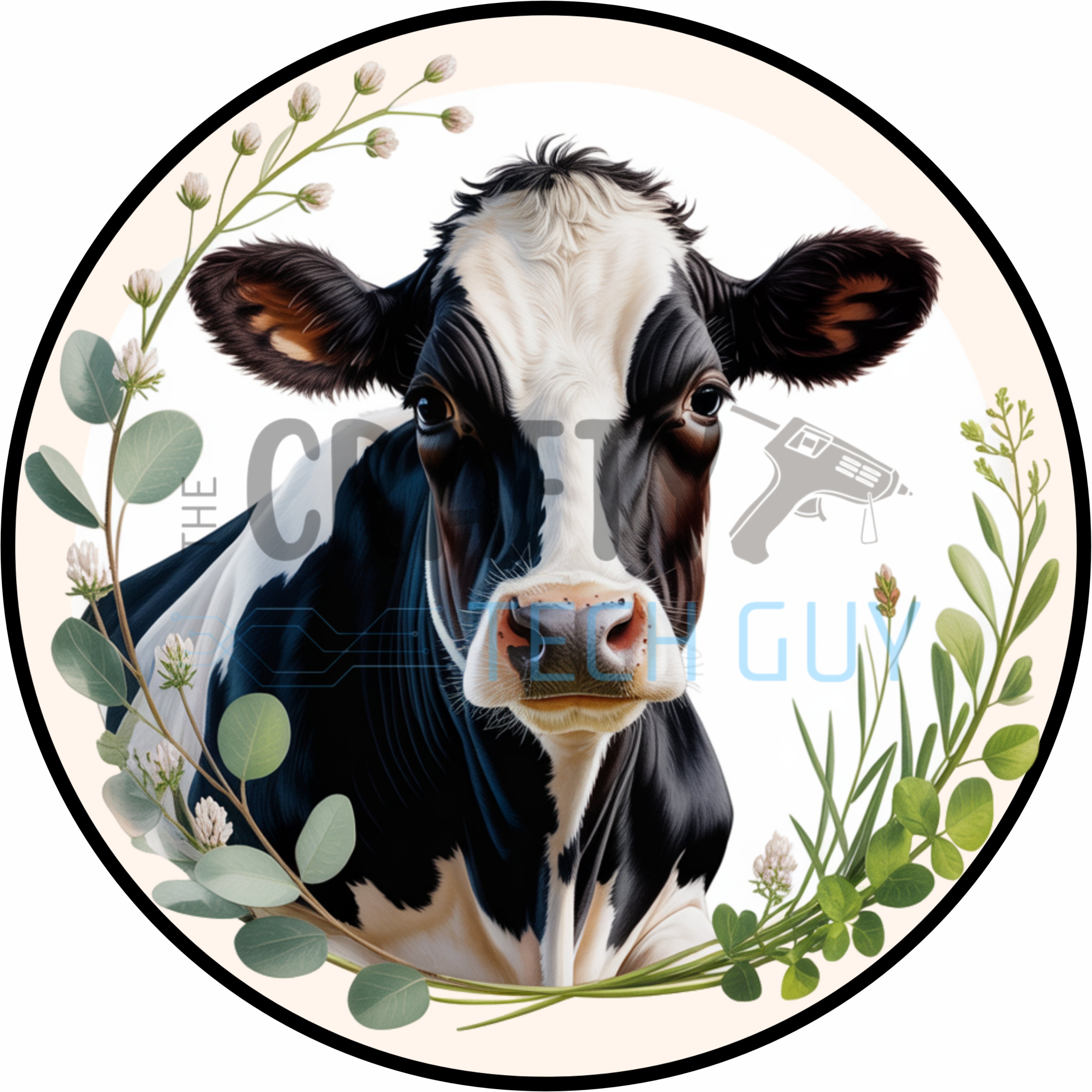 Black and White Cow Farmhouse Botanical Greenery Round Wreath Sign
