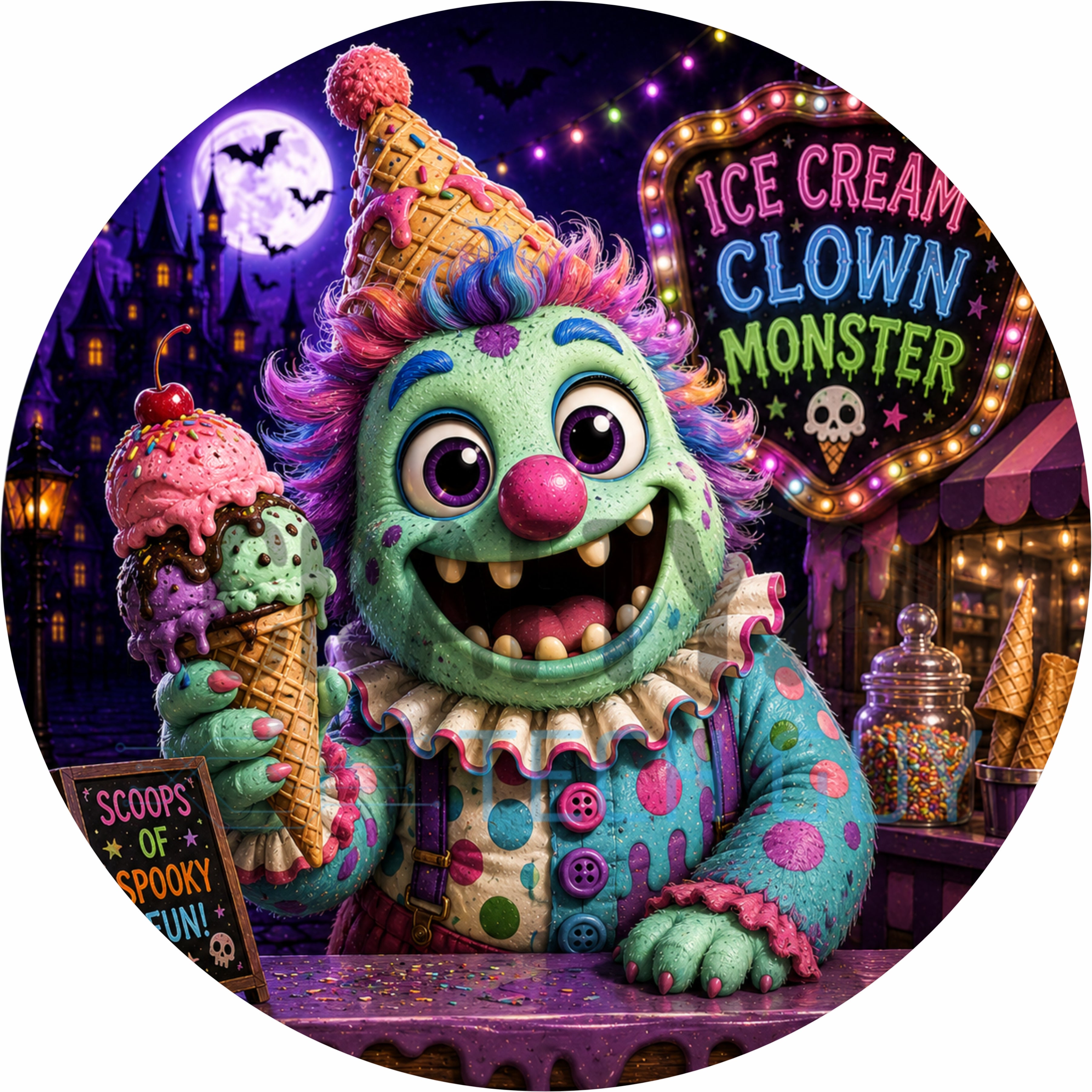 Ice Cream Clown Monster Halloween Round Wreath Sign