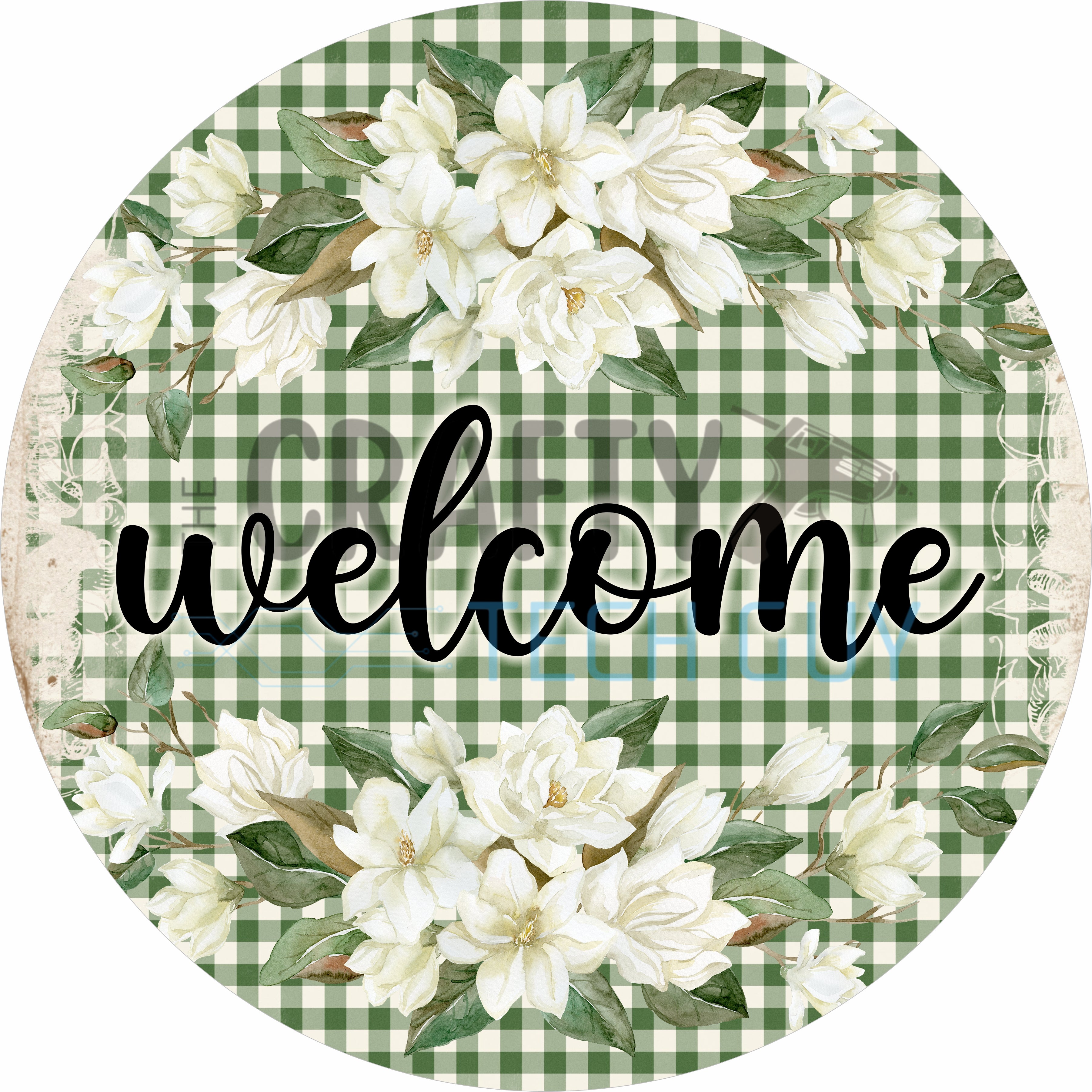 Green Gingham Floral Welcome Round Wreath Sign