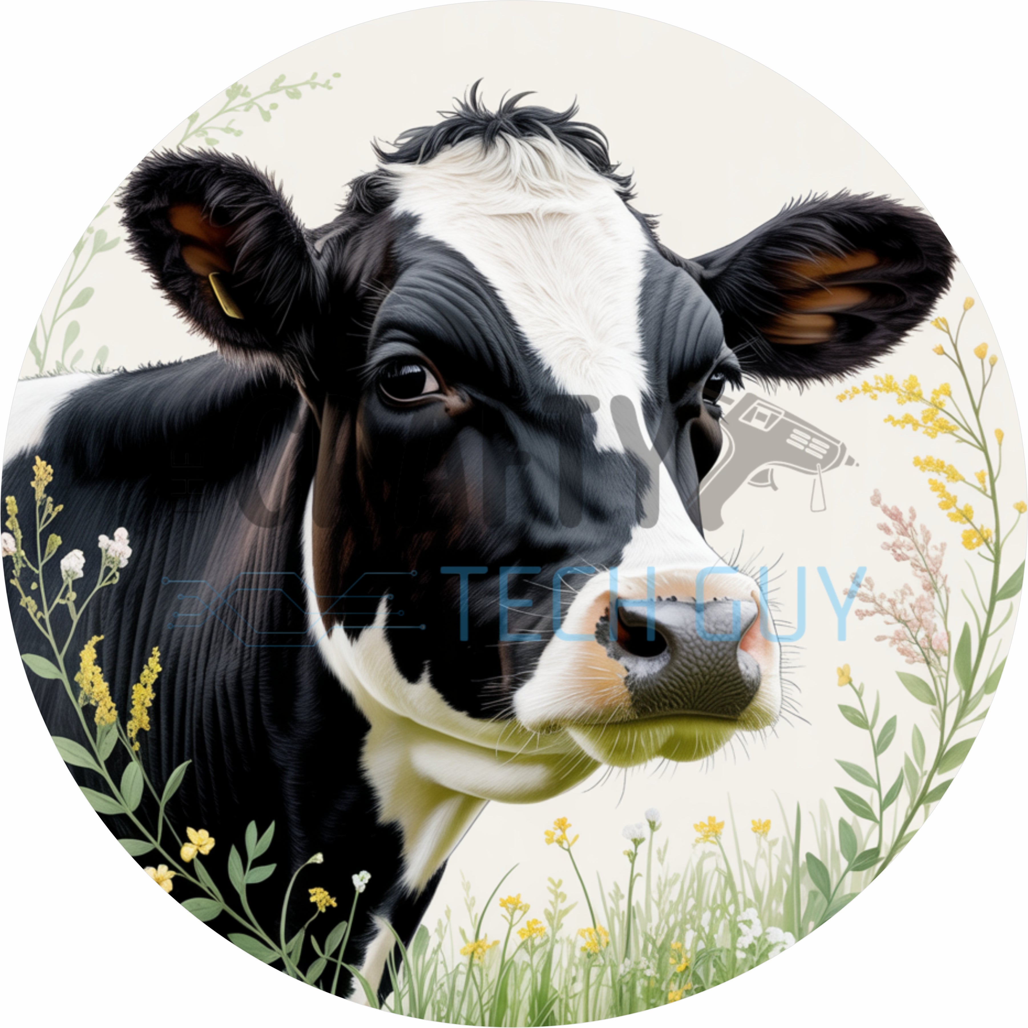 Black and White Cow Farmhouse Wildflower Botanical Round Wreath Sign