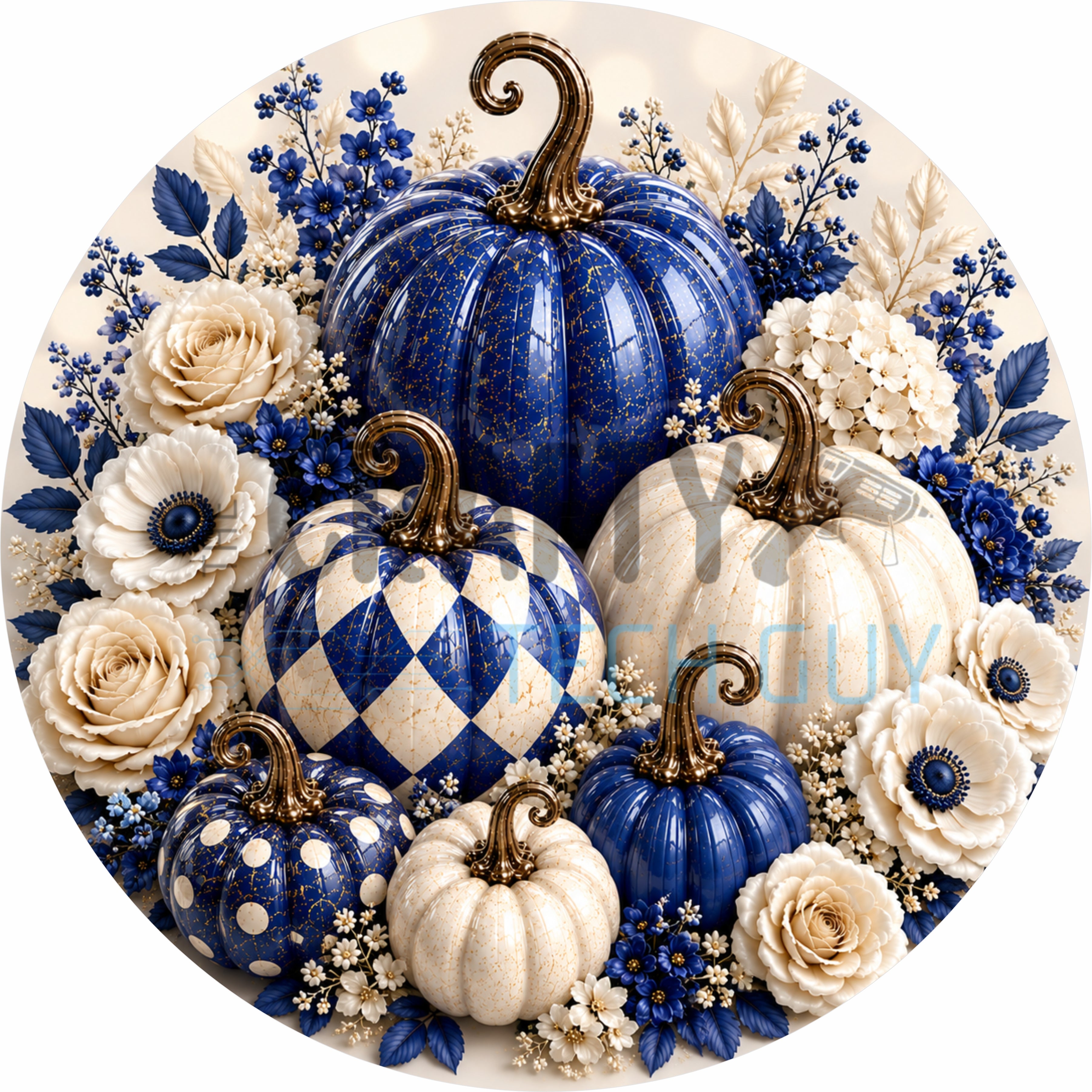Blue & White Pumpkin Garden Round Wreath Sign