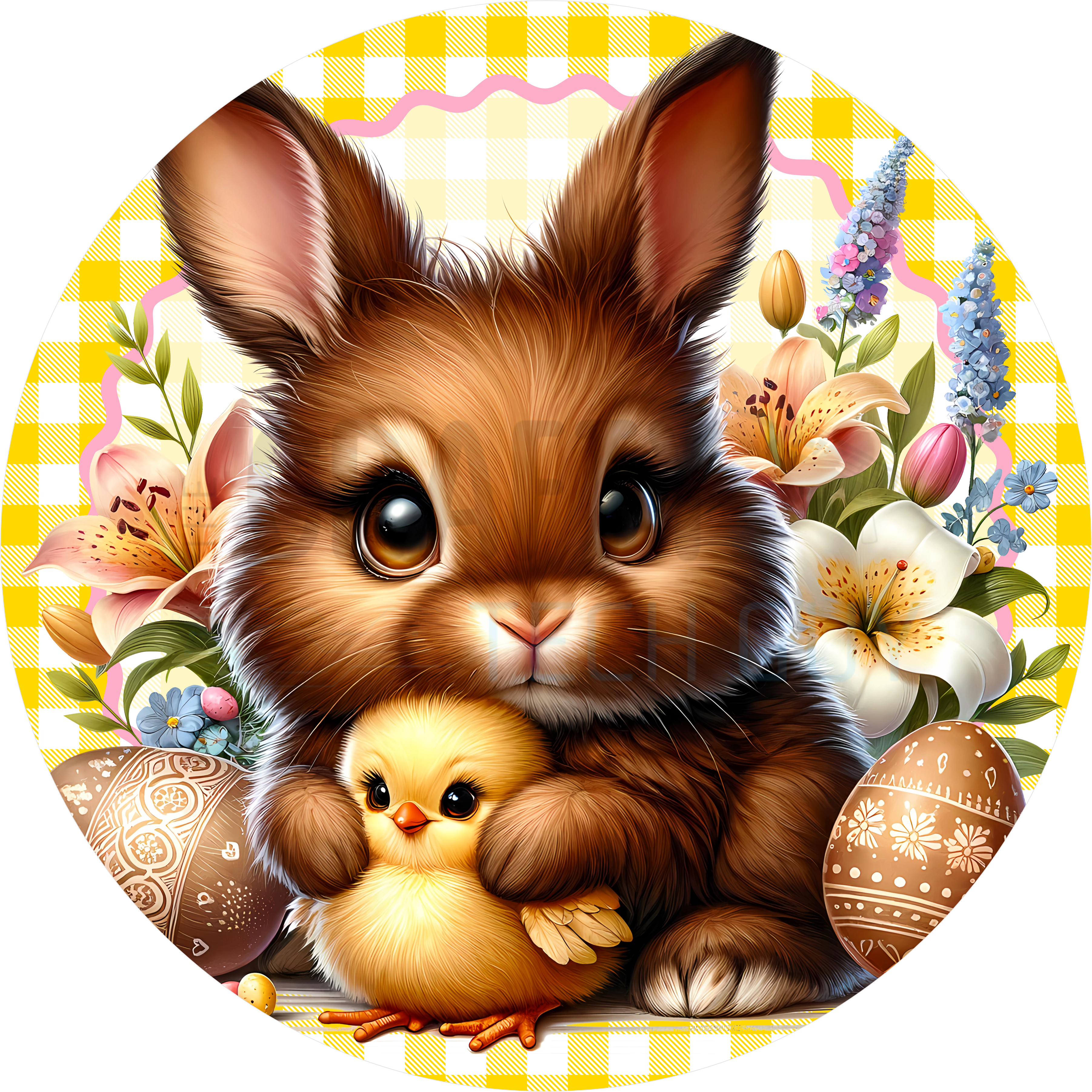 Spring Easter Bunny & Chick Sign – Yellow Gingham Easter Decor
