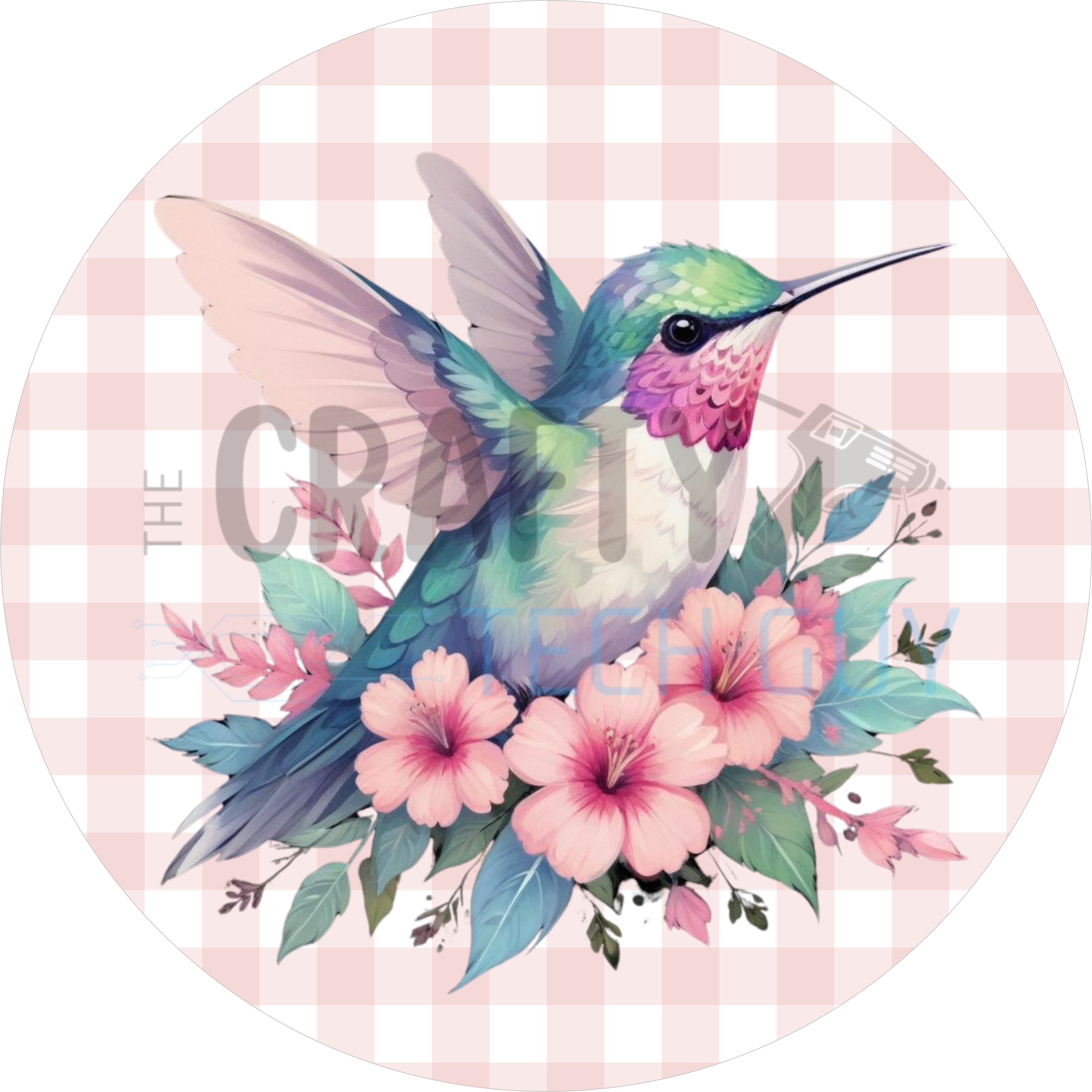 Hummingbird Floral Welcome Sign – Pink Gingham Spring Door Decor, Pastel Bird Round Porch Sign