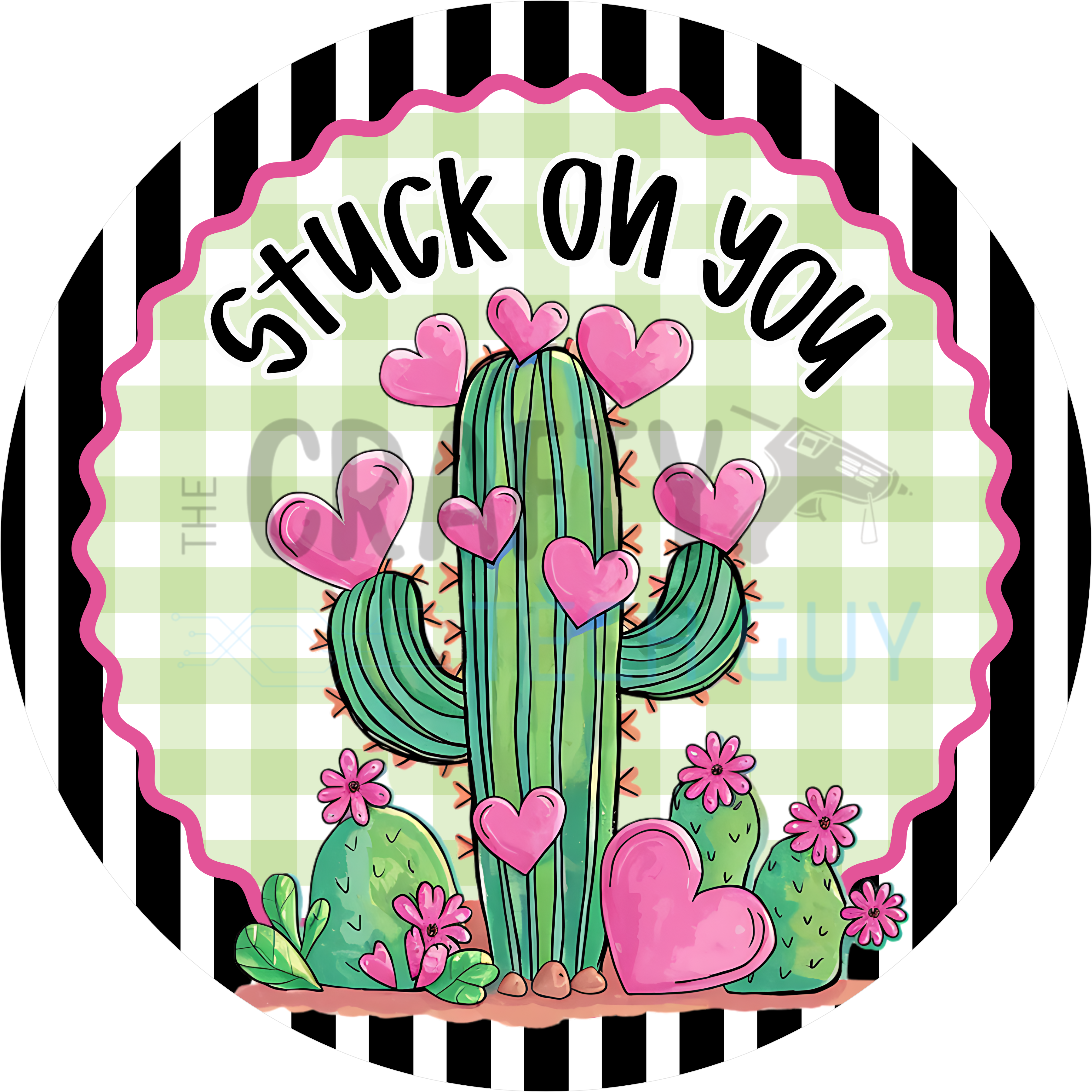 Stuck On You Cactus Valentine Design | Green and Pink Hearts with Checkered Background for Fun Southwestern Love Décor