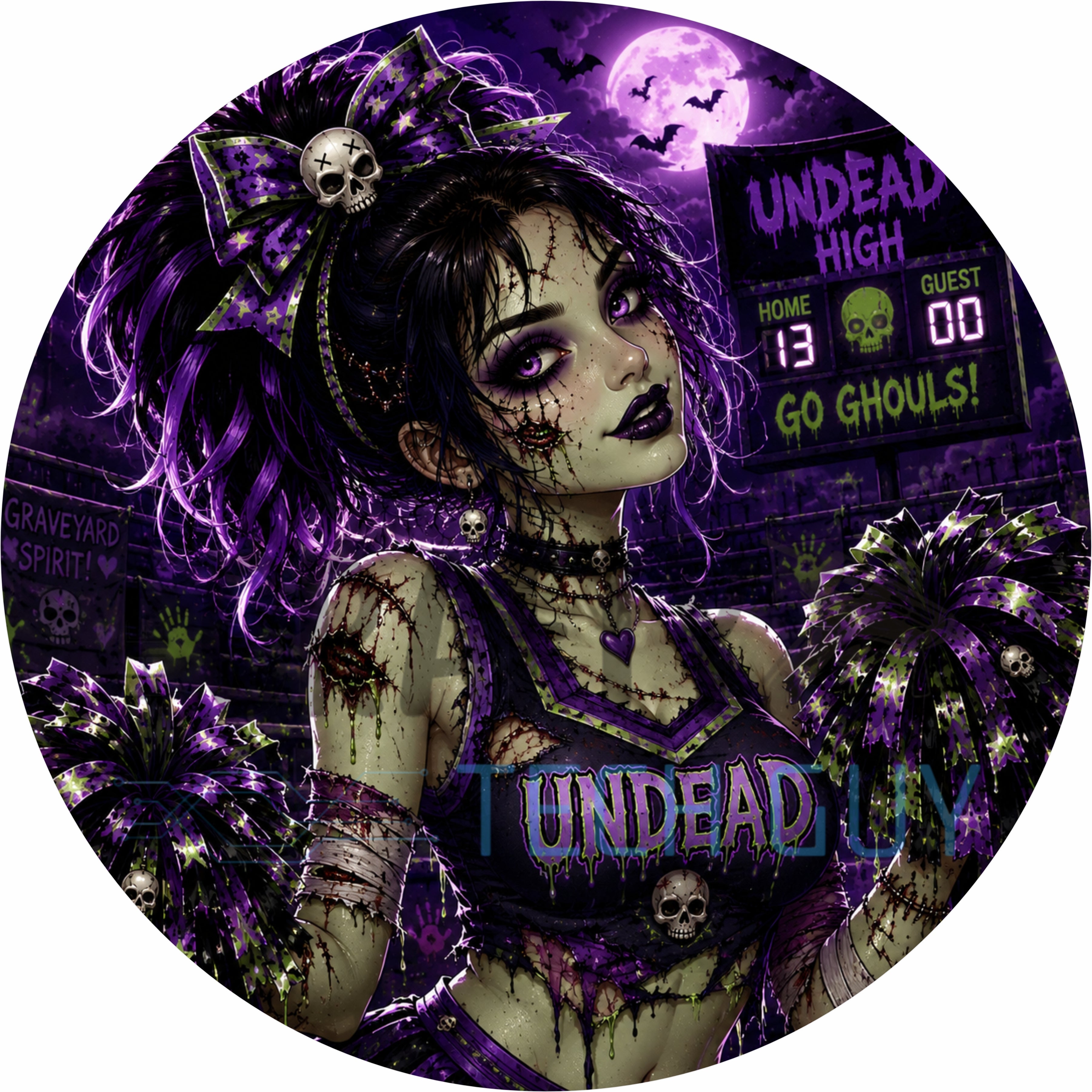Undead High Zombie Cheerleader Round Wreath Sign