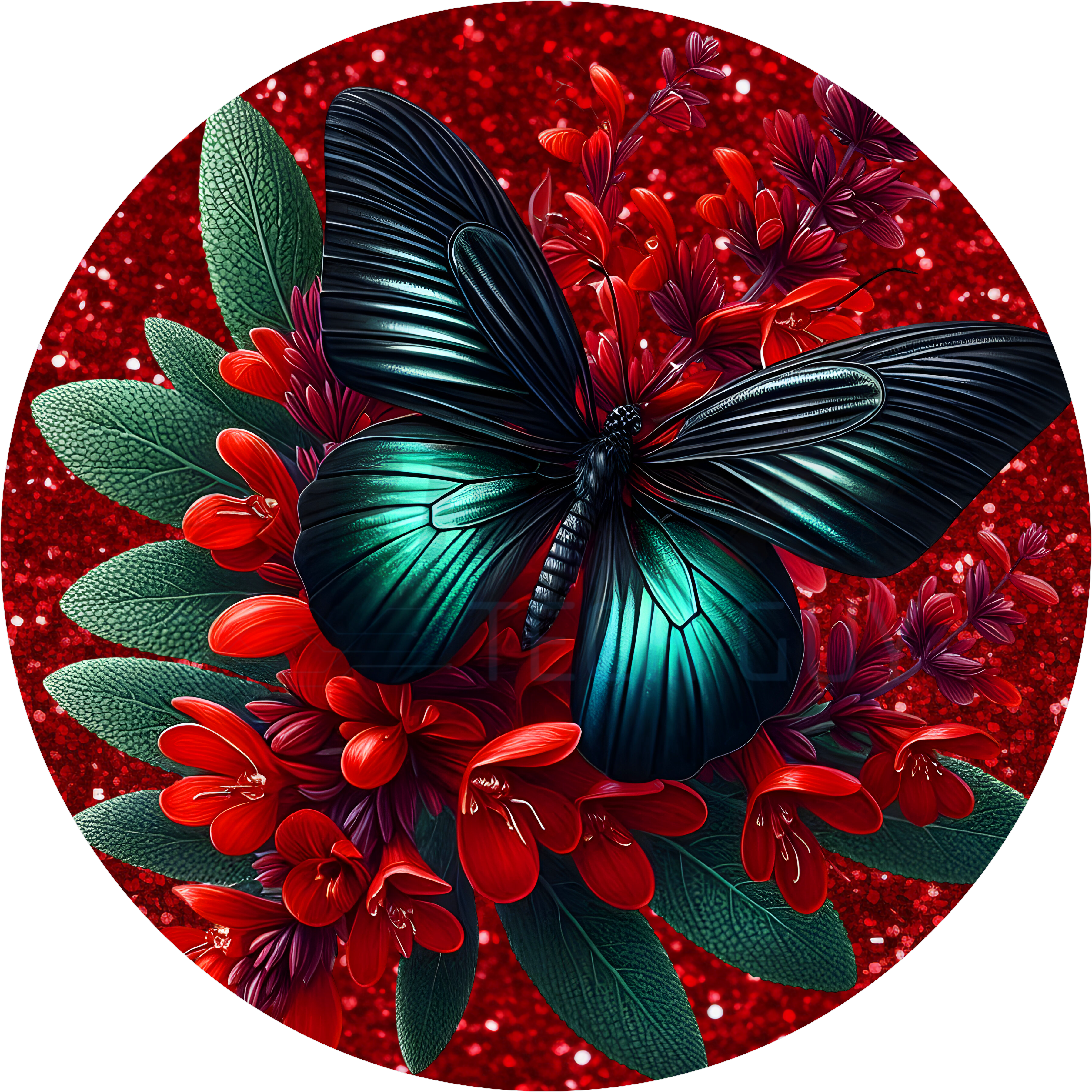 Elegant Butterfly Teal & Red Floral Round Sign
