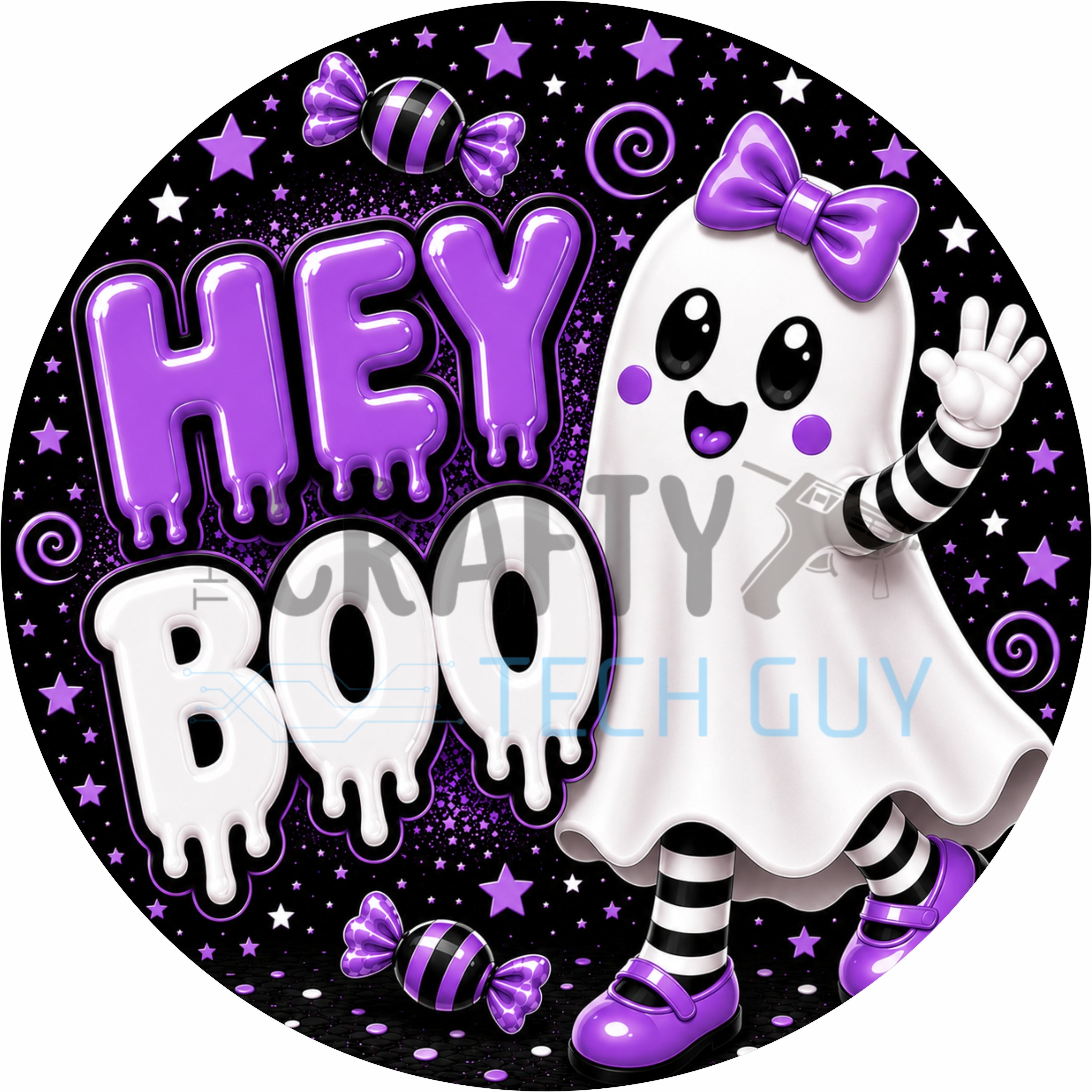 Hey Boo Purple Ghost Halloween Round Wreath Sign