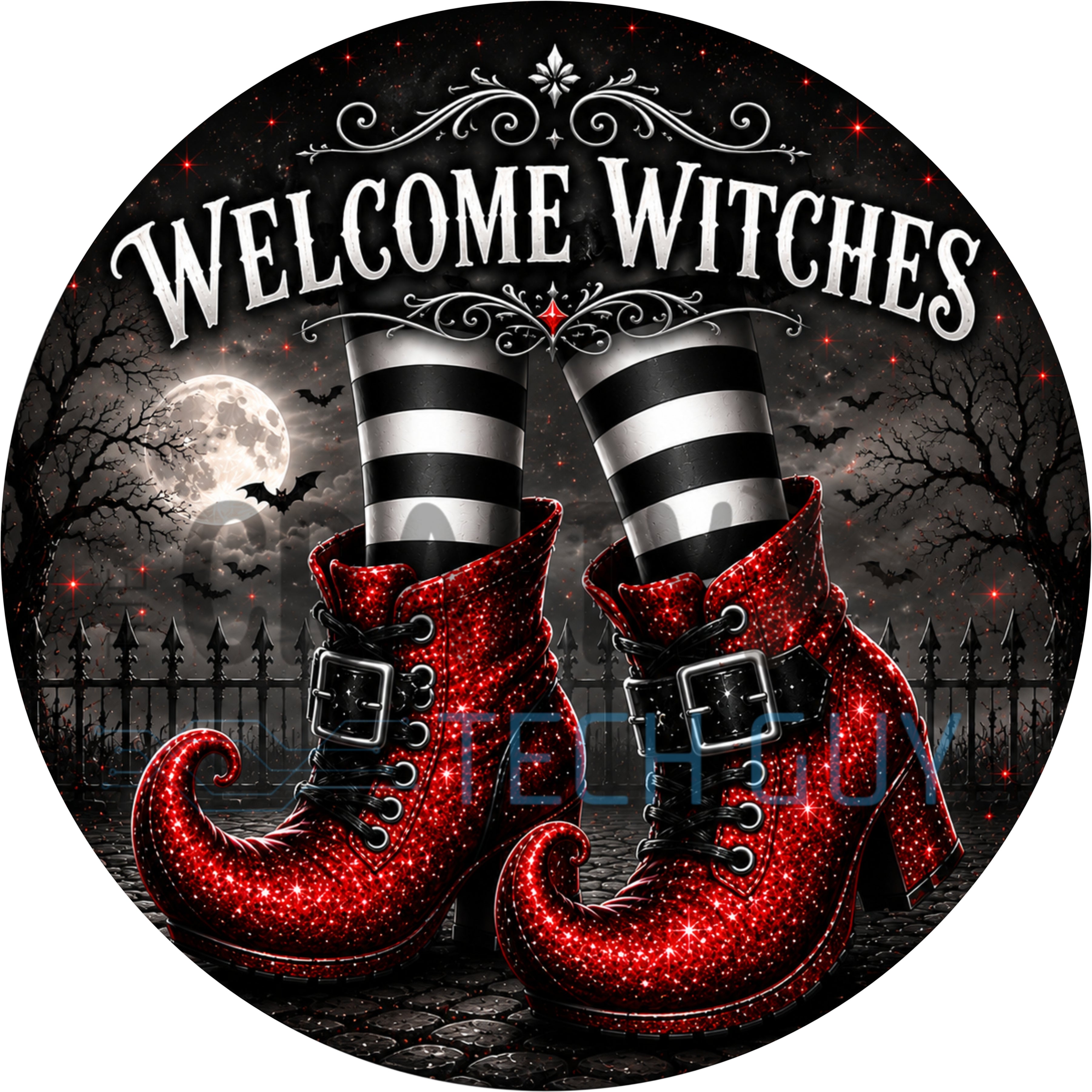 Welcome Red Witches Glitter Boots Round Wreath Sign