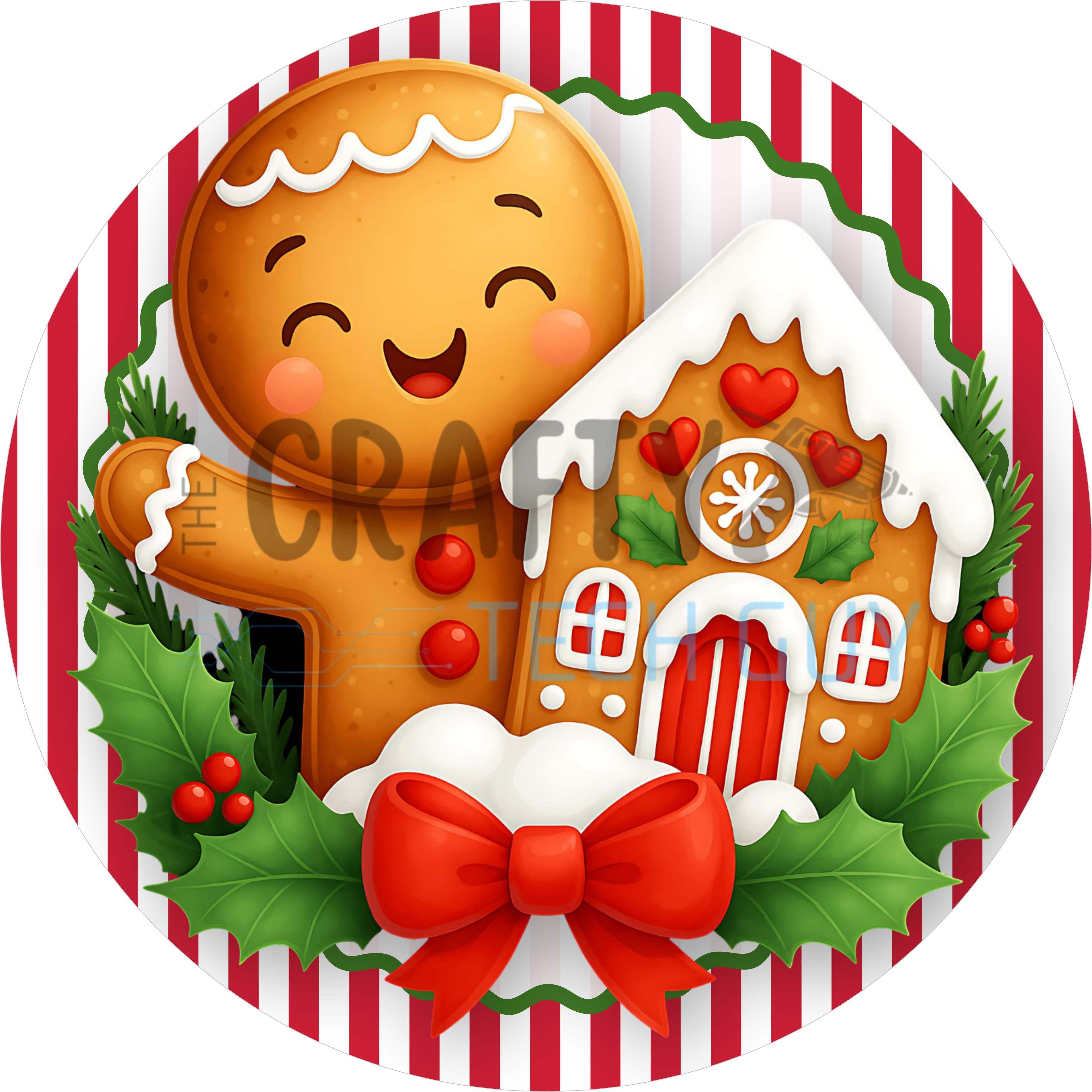Cute Gingerbread Christmas Design | Holiday Art with Candy House, Red Bow and Holly | Festive Whimsical Décor for Sweet Displays
