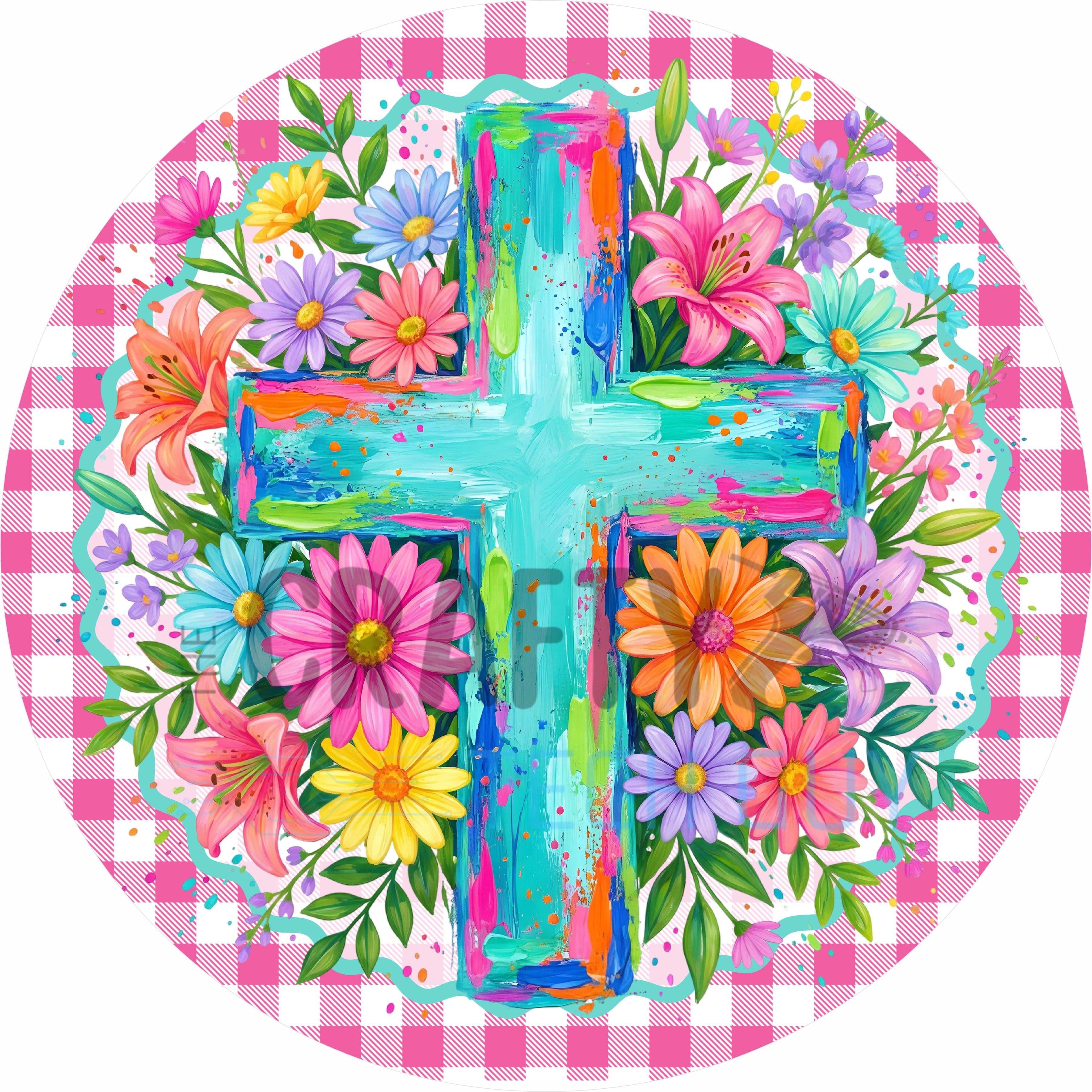 Floral Cross Christian Round Wreath Sign