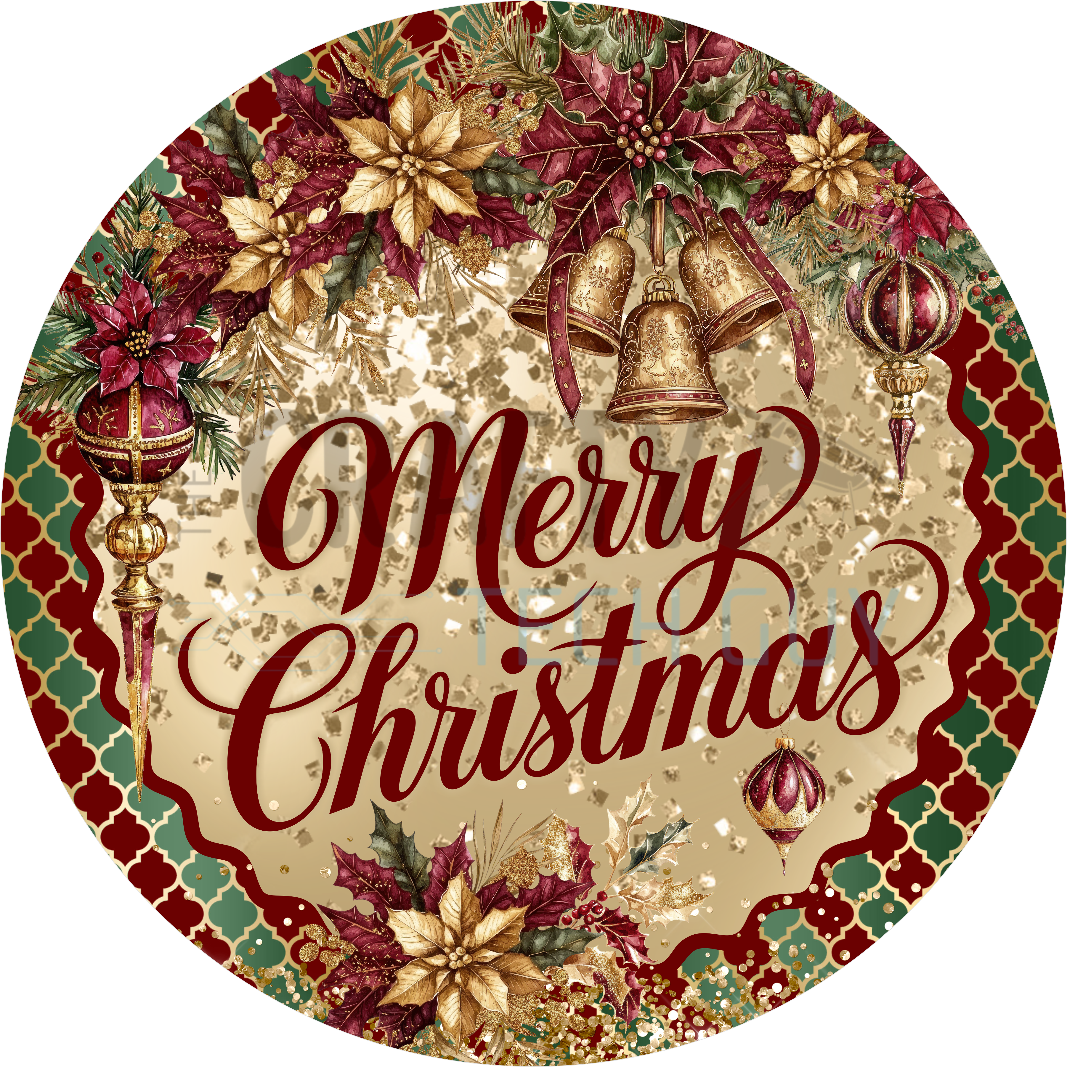 Elegant Merry Christmas Sign with Gold Bells, Poinsettias, and Red Green Ornament Accents on Glittered Holiday Background