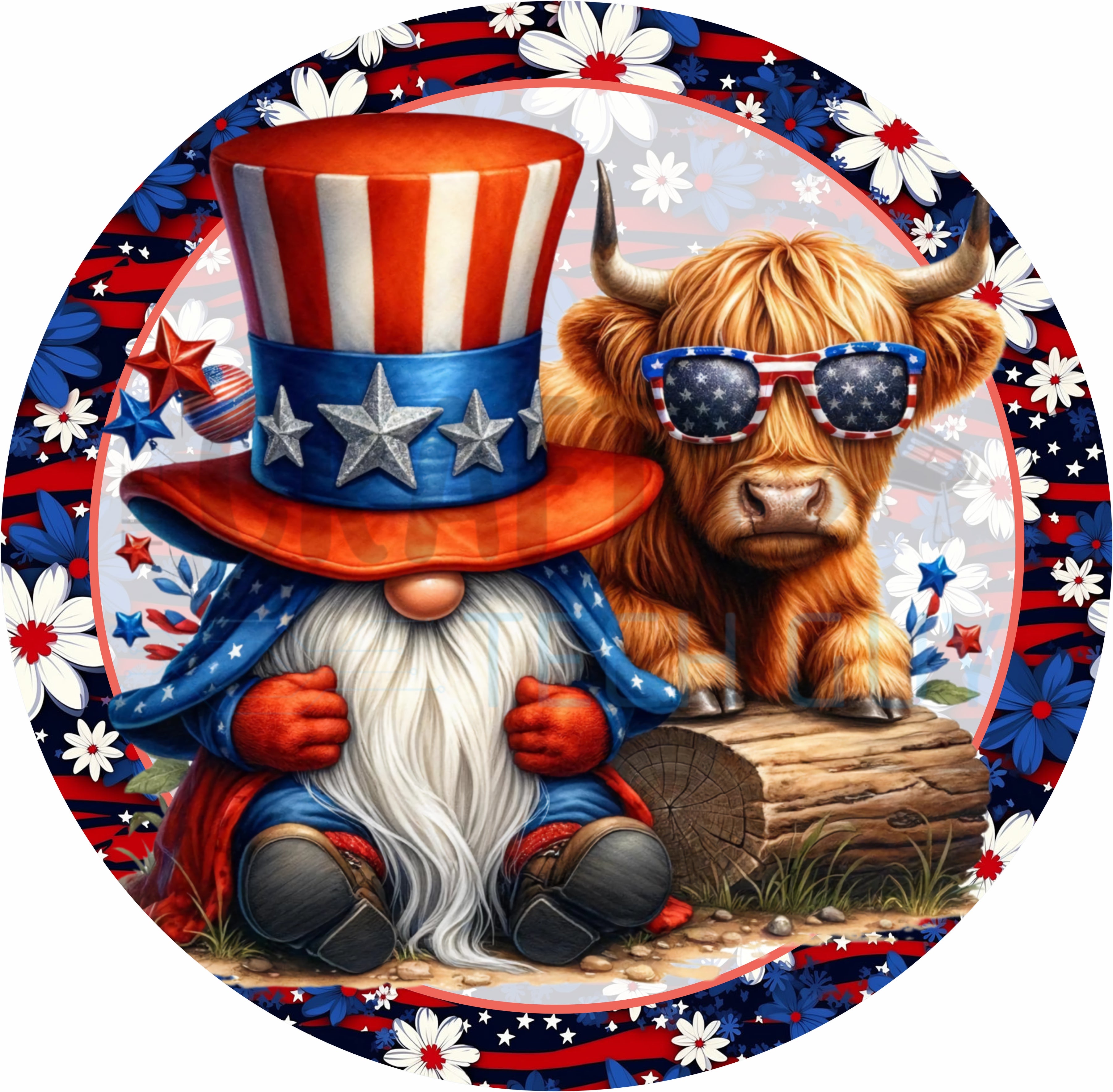 Patriotic Gnome and Highland Cow 4th of July Farmhouse Round Wreath Sign