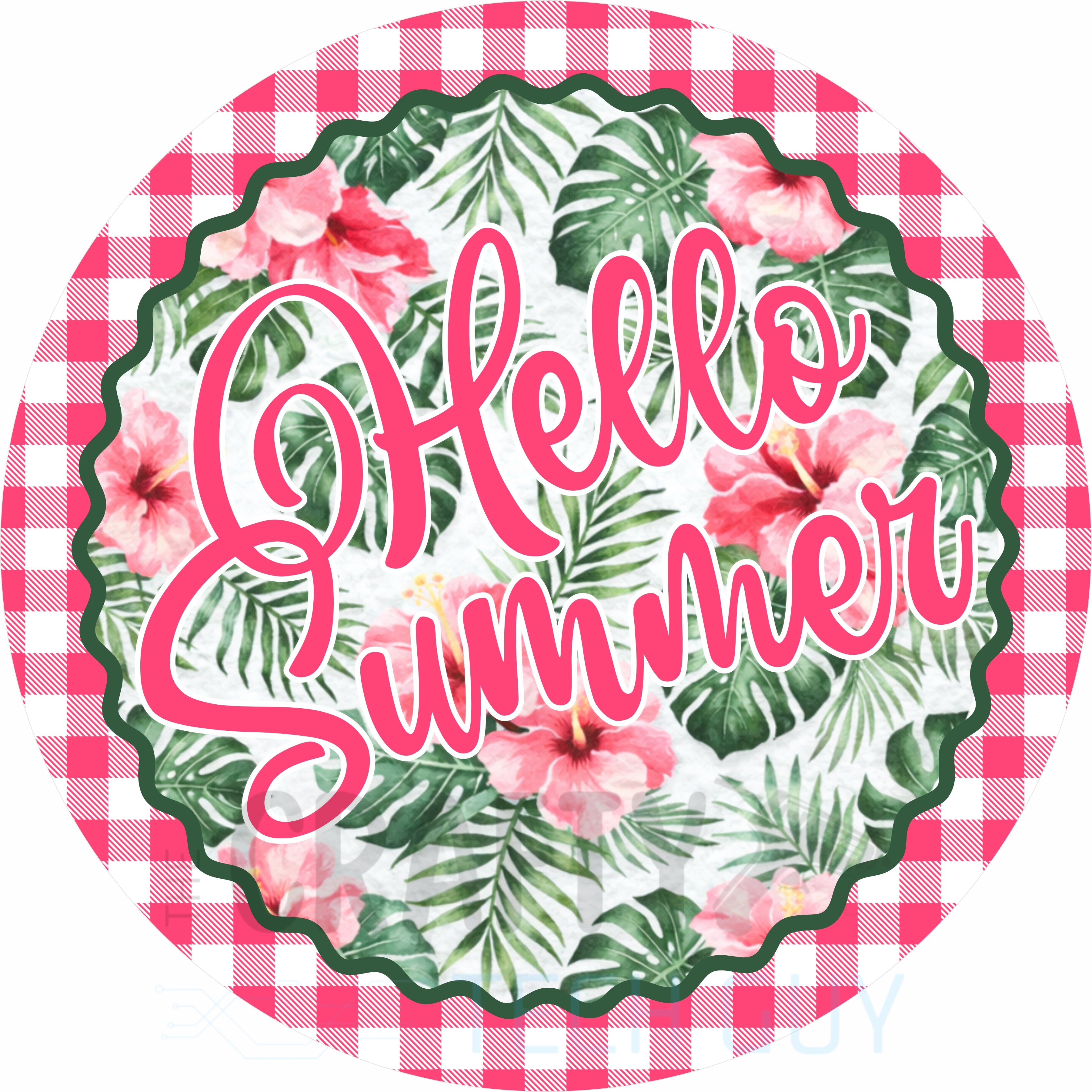 Hello Summer Pink Tropical Floral Round Wreath Sign