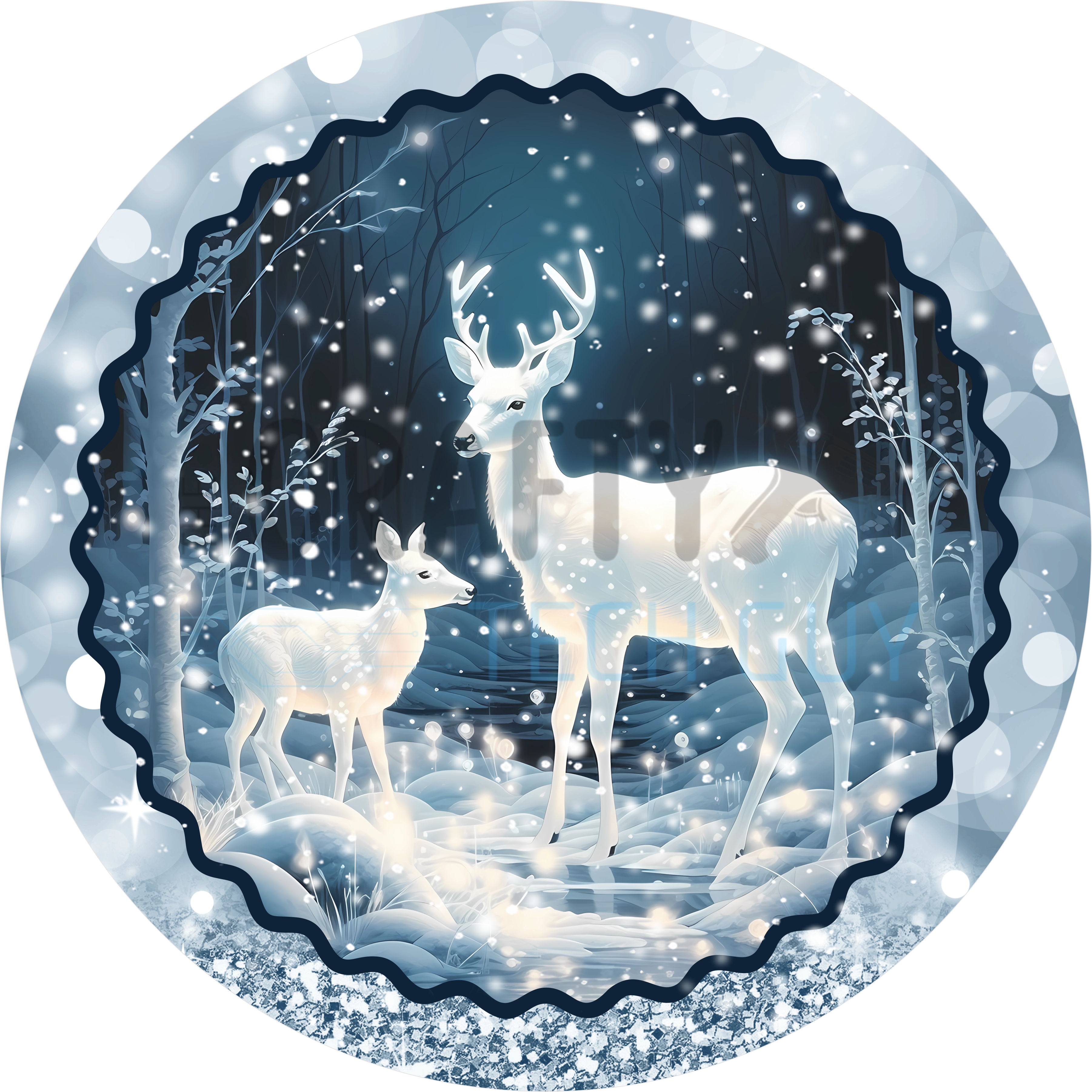 Winter Deer Forest Design | Elegant Blue and White Snow Scene with Sparkling Details | Peaceful Woodland Art for Holiday Décor