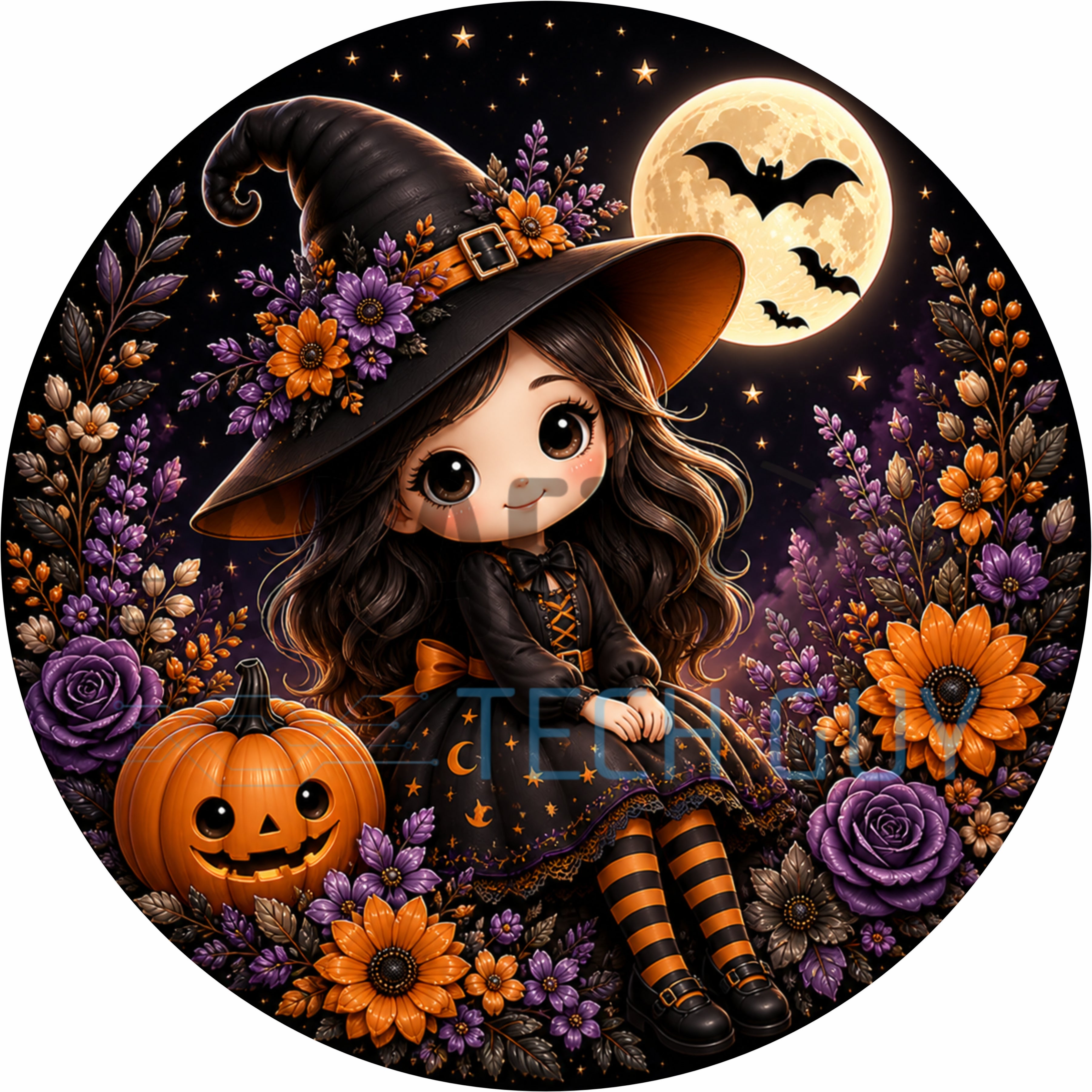 Cute Little Floral Witch Halloween Round Wreath Sign