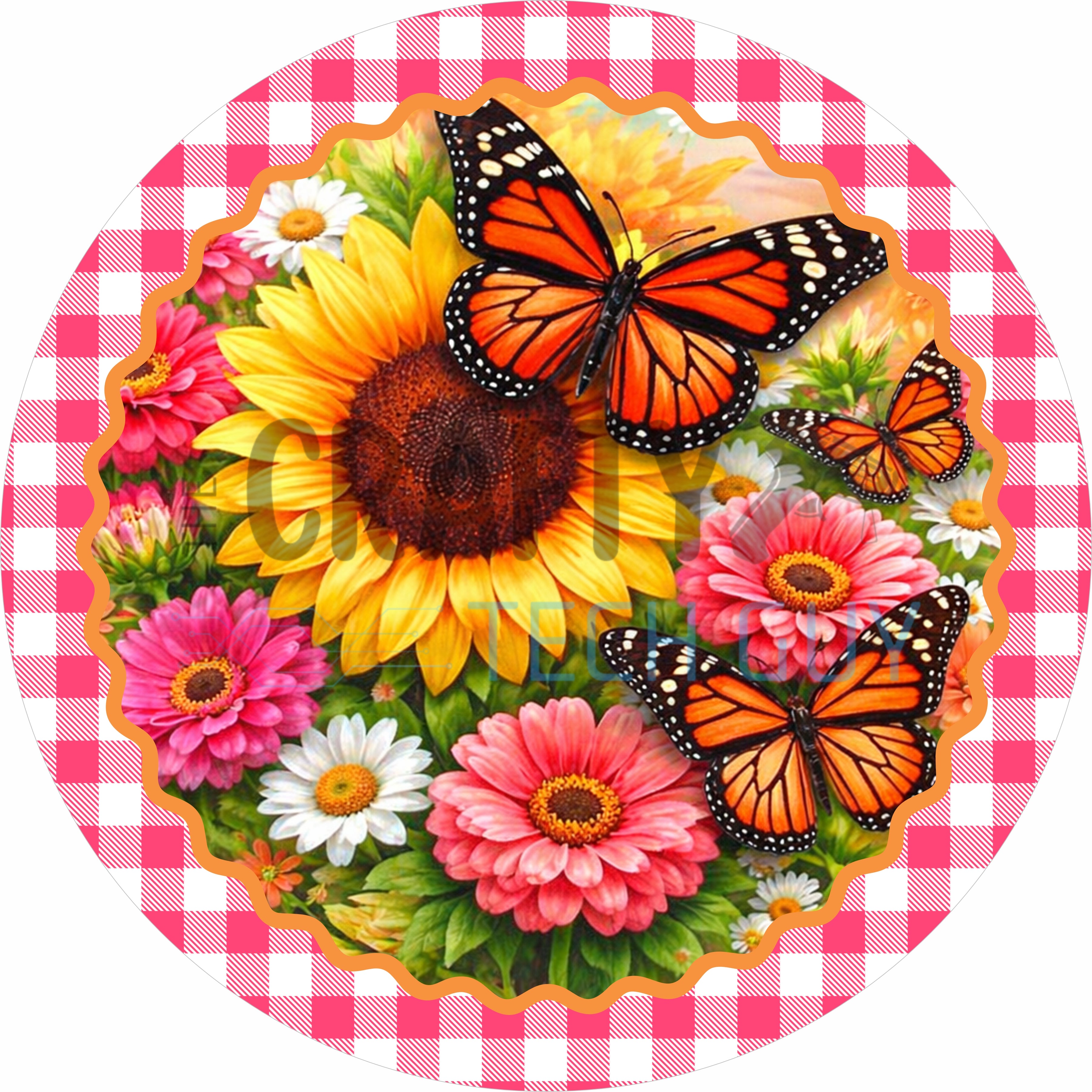 Sunflower and Monarch Butterflies Floral Round Wreath Sign